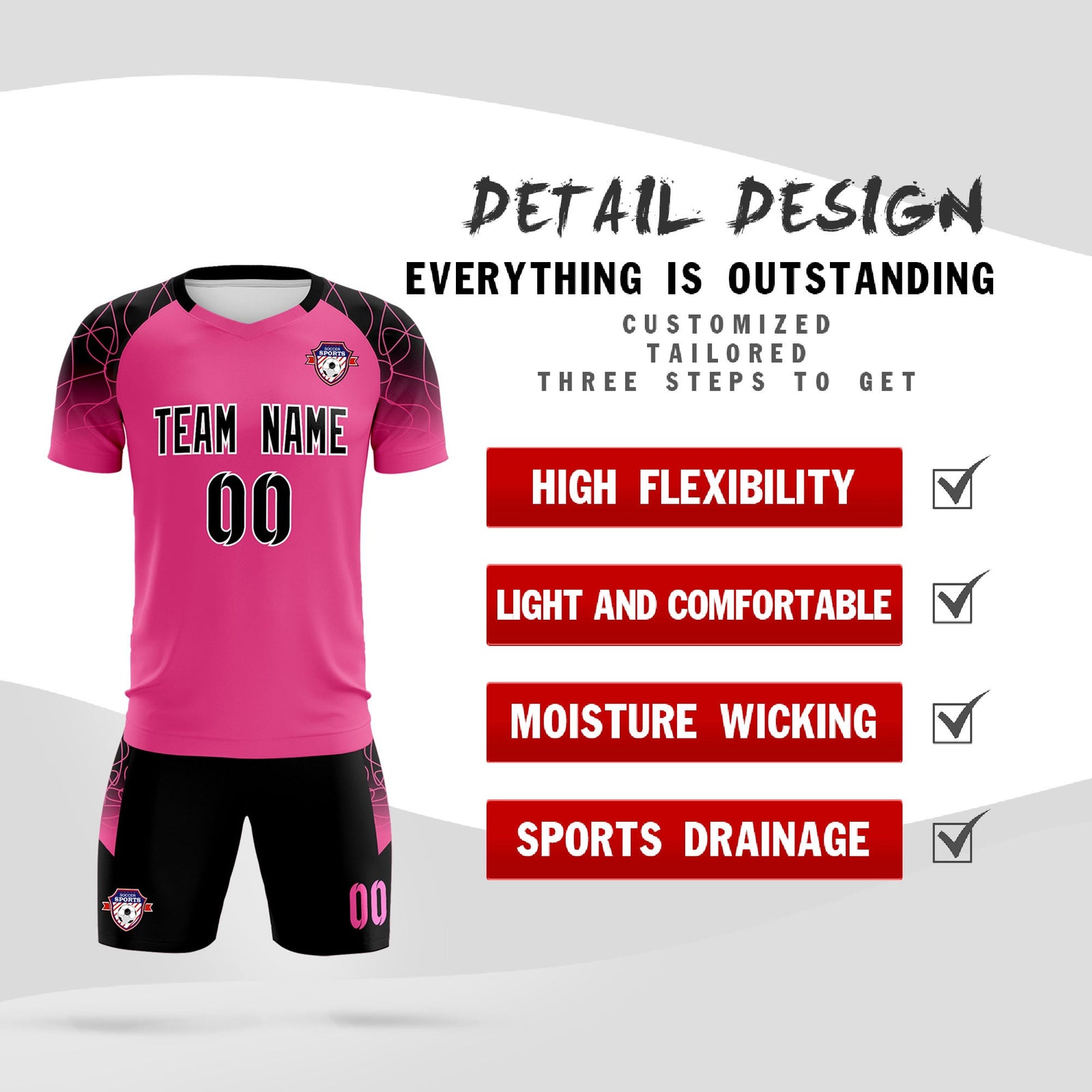 Custom Rose Red Classic Soccer Training Sets Jersey For Adults/Kids