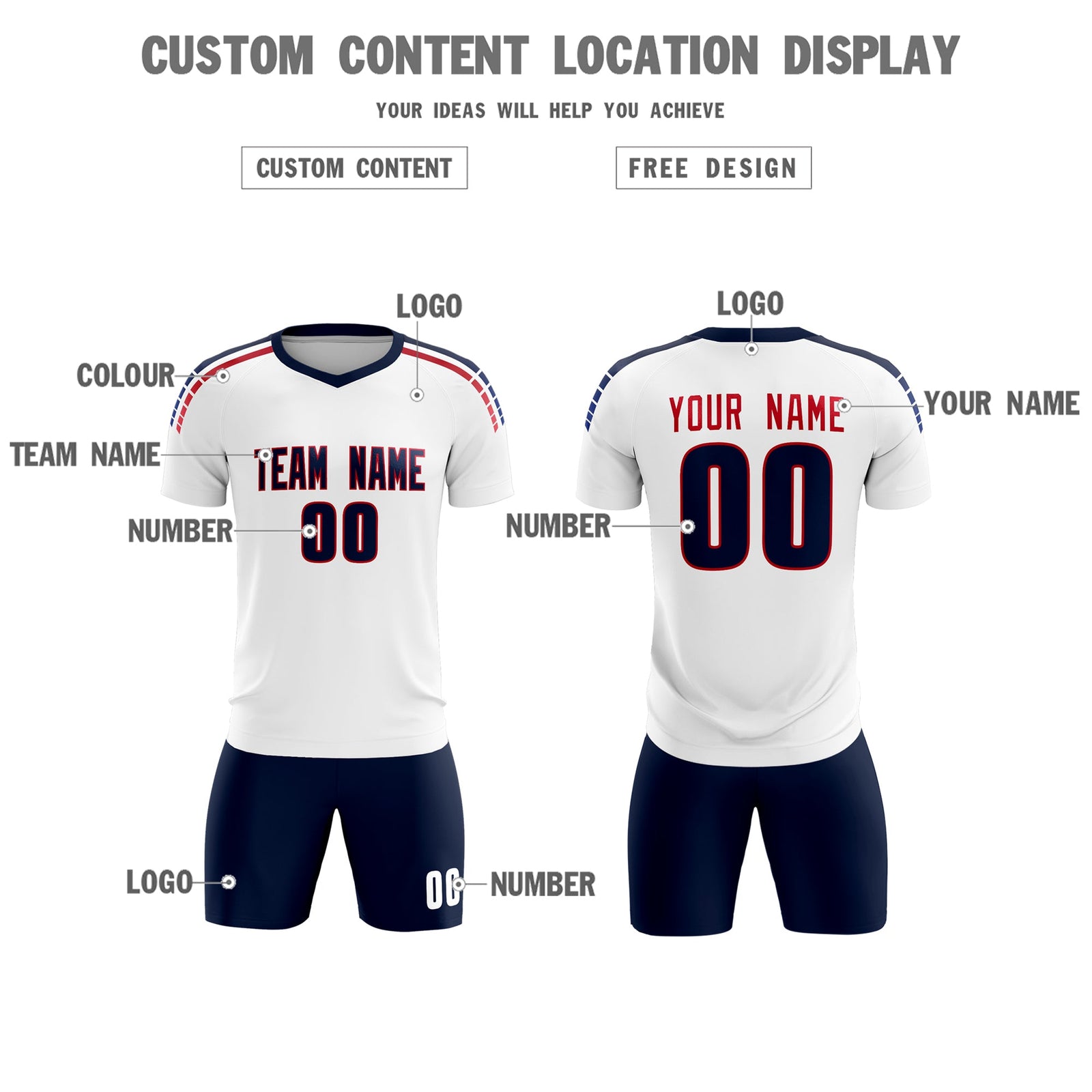 Custom white Striped Quick Dry Tops Soccer Sets Jersey