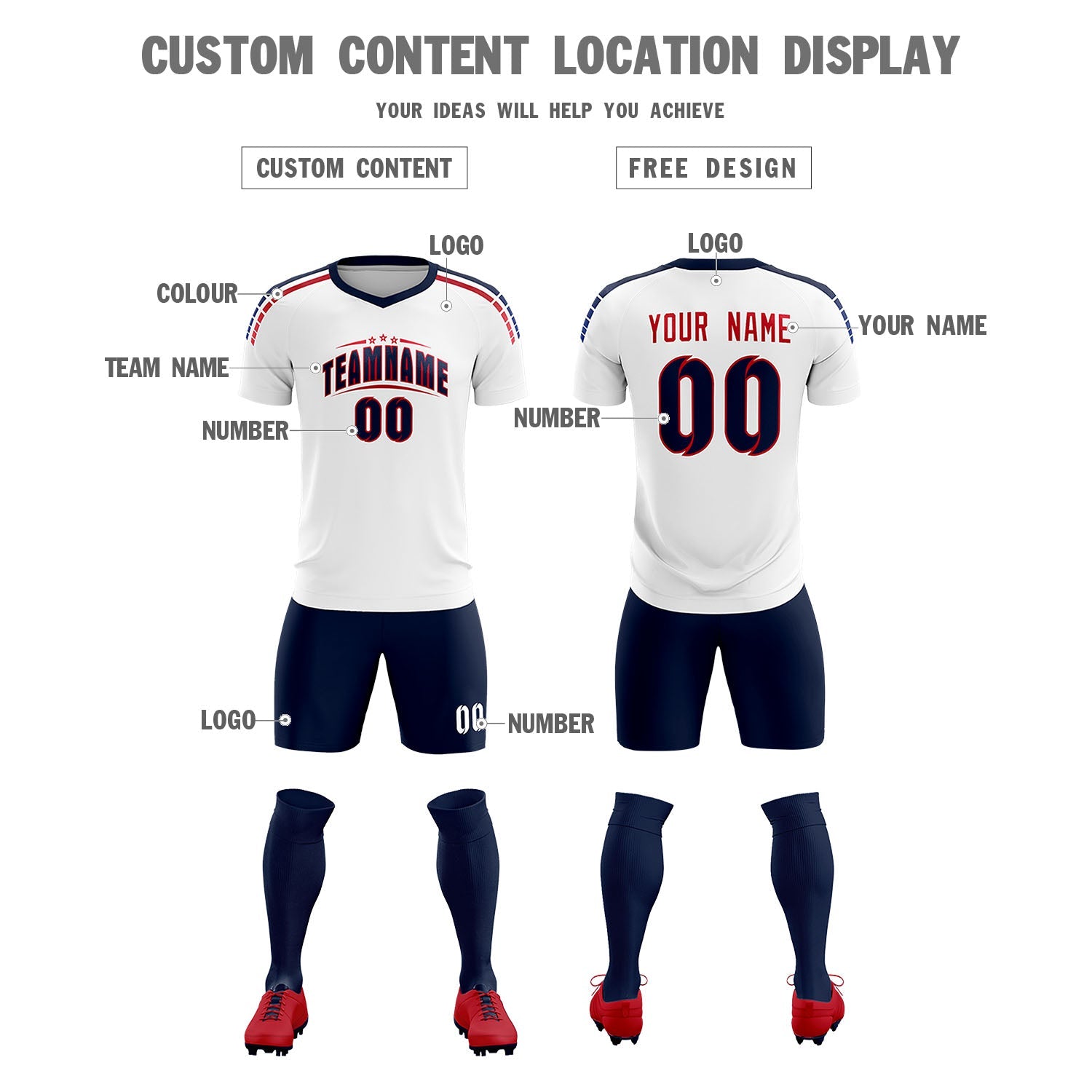 Custom white Striped Quick Dry Tops Soccer Sets Jersey