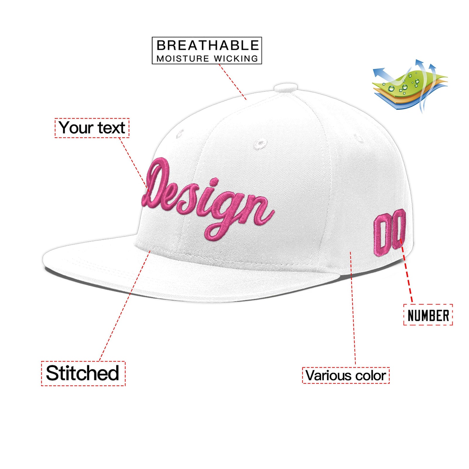 Custom White 3D Puff Embroidery Flat Embroidery Casual Sport Baseball Cap