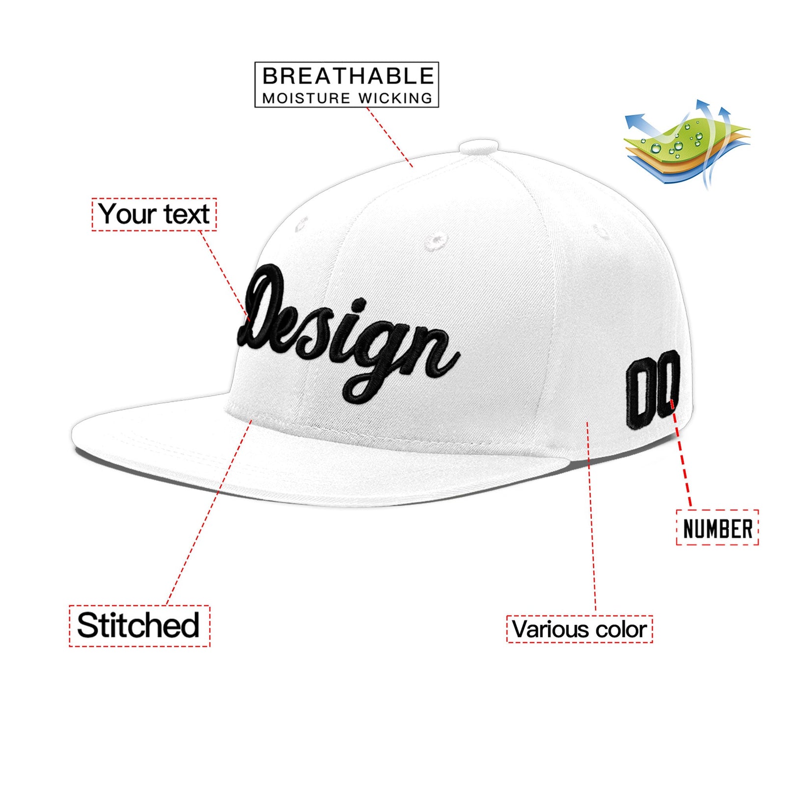 Custom White 3D Puff Embroidery Flat Embroidery Casual Sport Baseball Cap