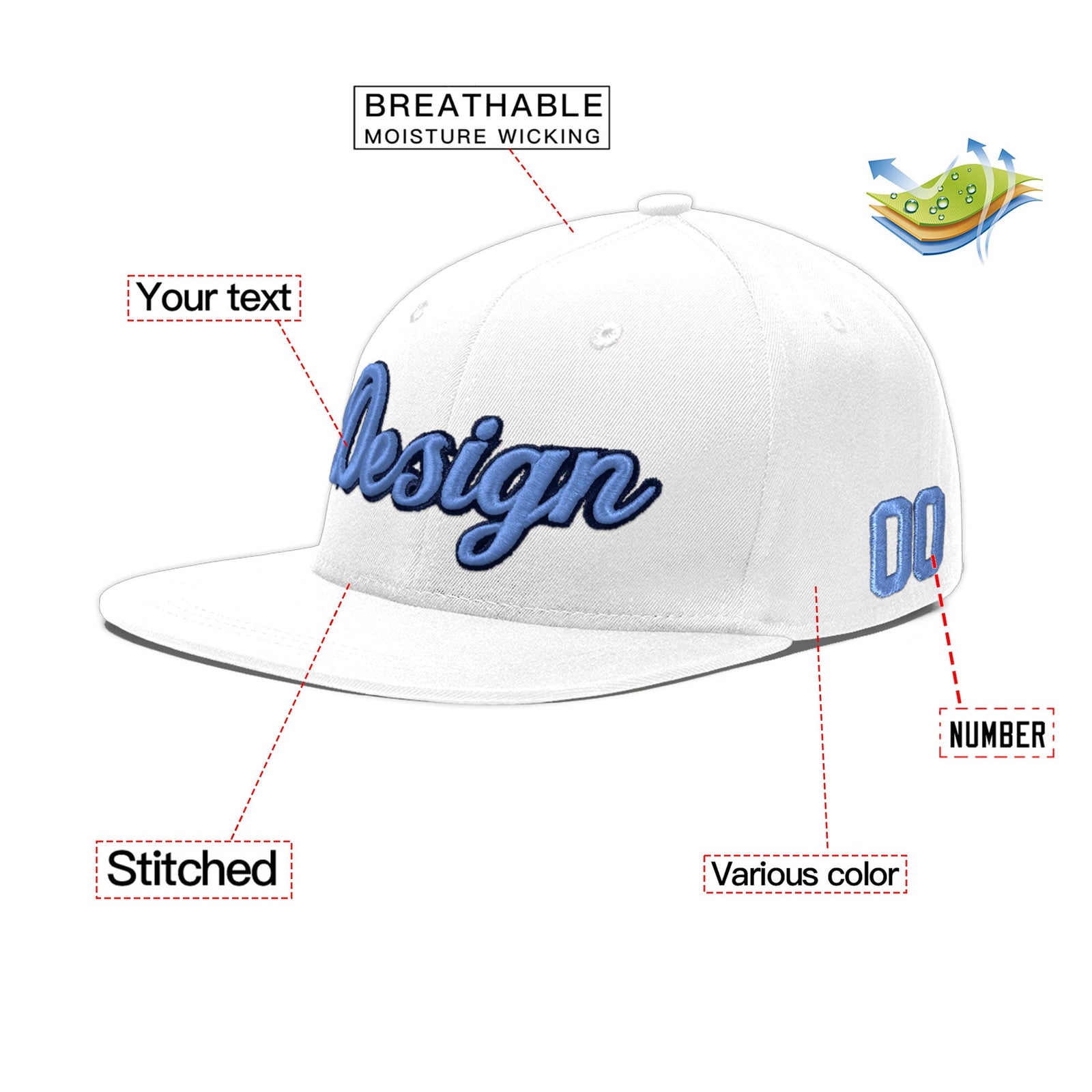 Custom White 3D Puff Embroidery Flat Embroidery Casual Sport Baseball Cap