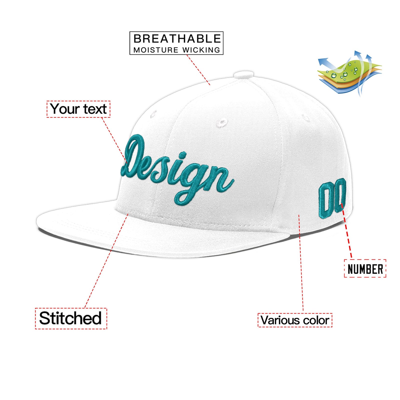 Custom White 3D Puff Embroidery Flat Embroidery Casual Sport Baseball Cap