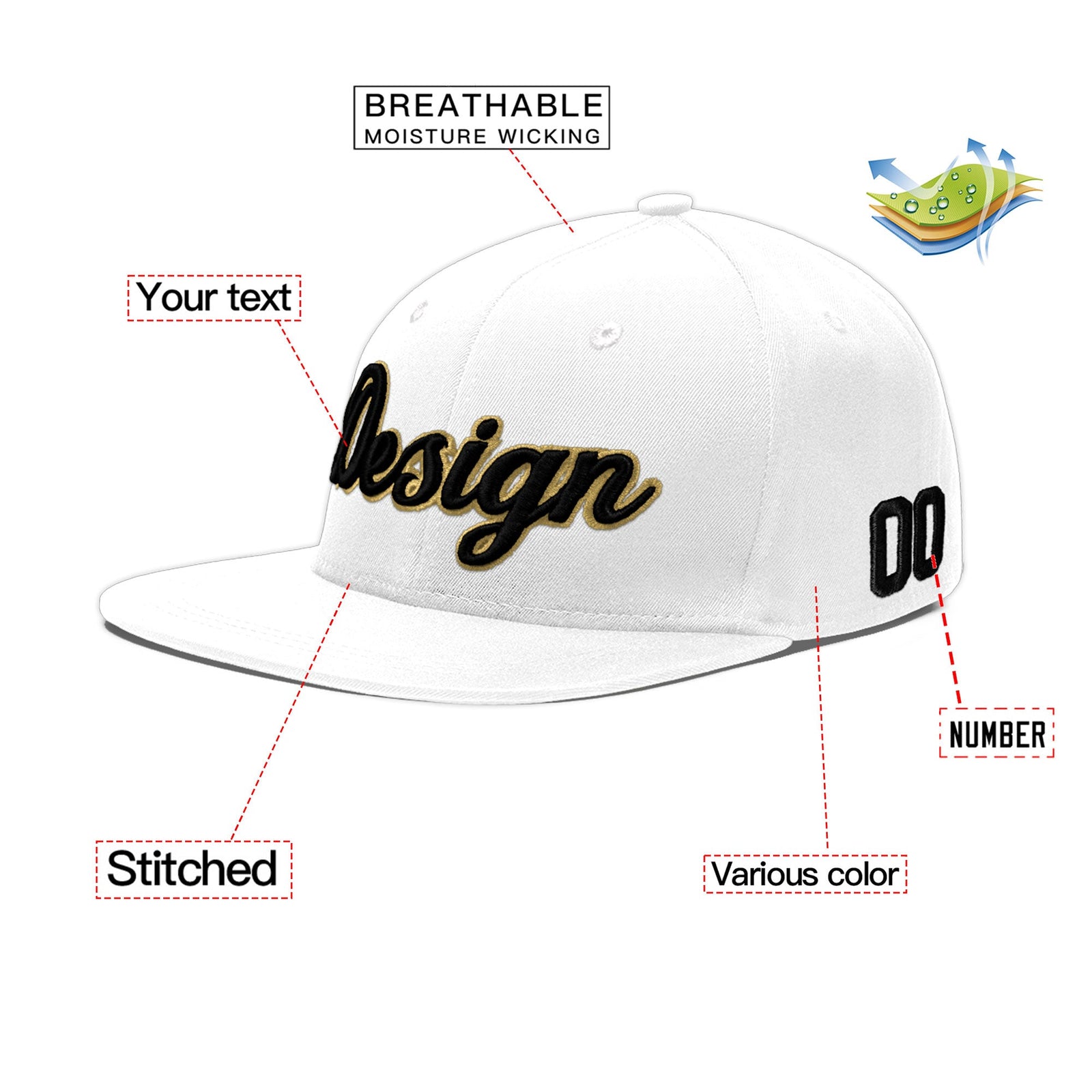 Custom White 3D Puff Embroidery Flat Embroidery Casual Sport Baseball Cap