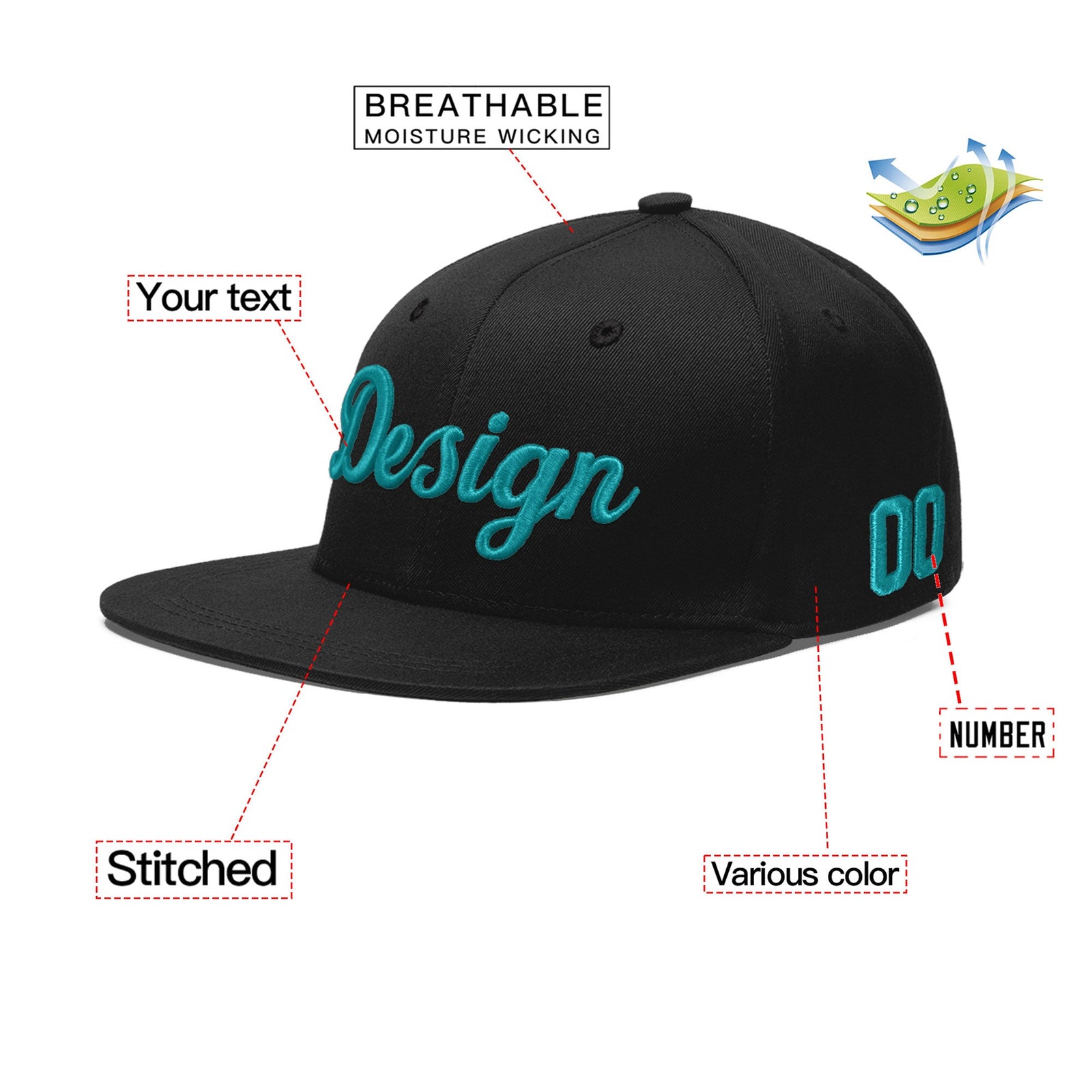 Custom Black 3D Puff Embroidery Flat Embroidery Casual Sport Baseball Cap