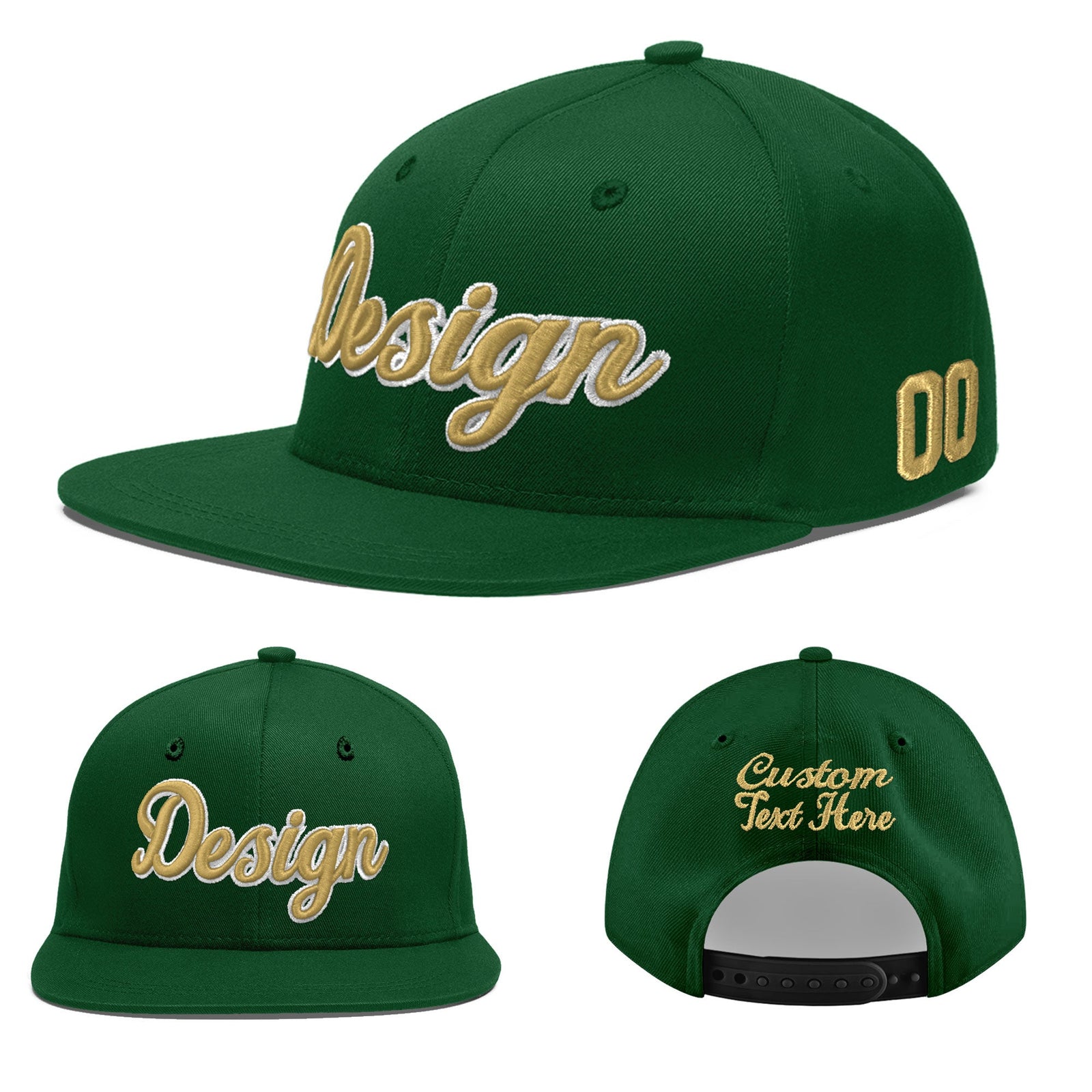 Custom Green 3D Puff Embroidery Flat Embroidery Casual Sport Baseball Cap