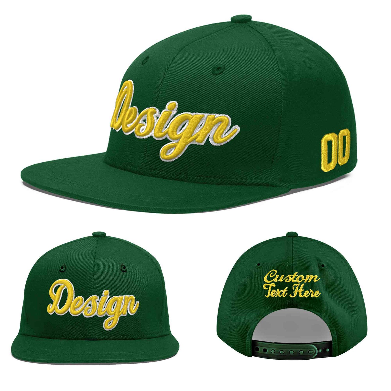 Custom Green 3D Puff Embroidery Flat Embroidery Casual Sport Baseball Cap