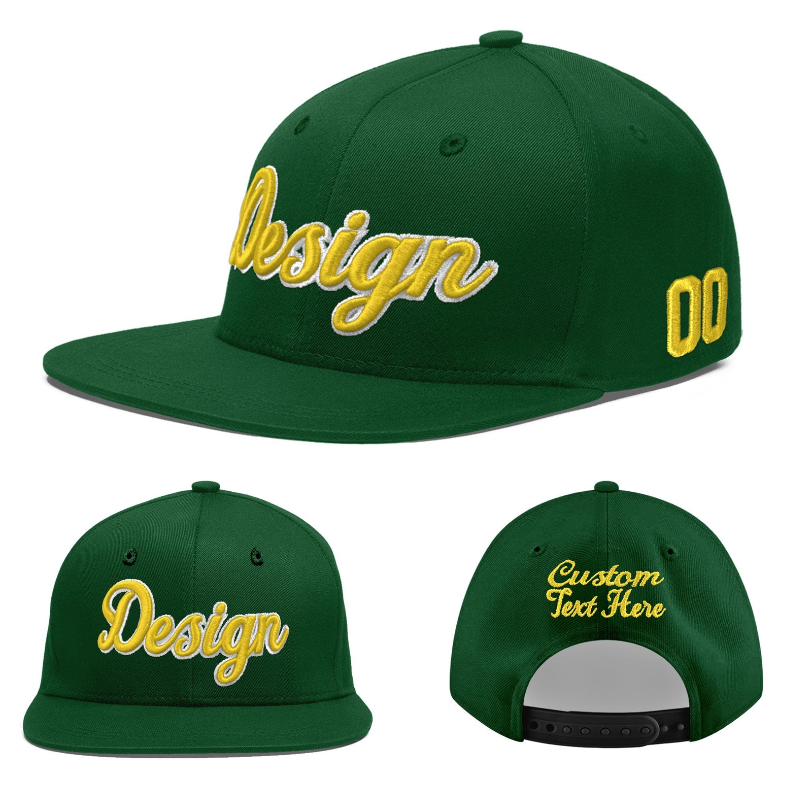 Custom Green 3D Puff Embroidery Flat Embroidery Casual Sport Baseball Cap