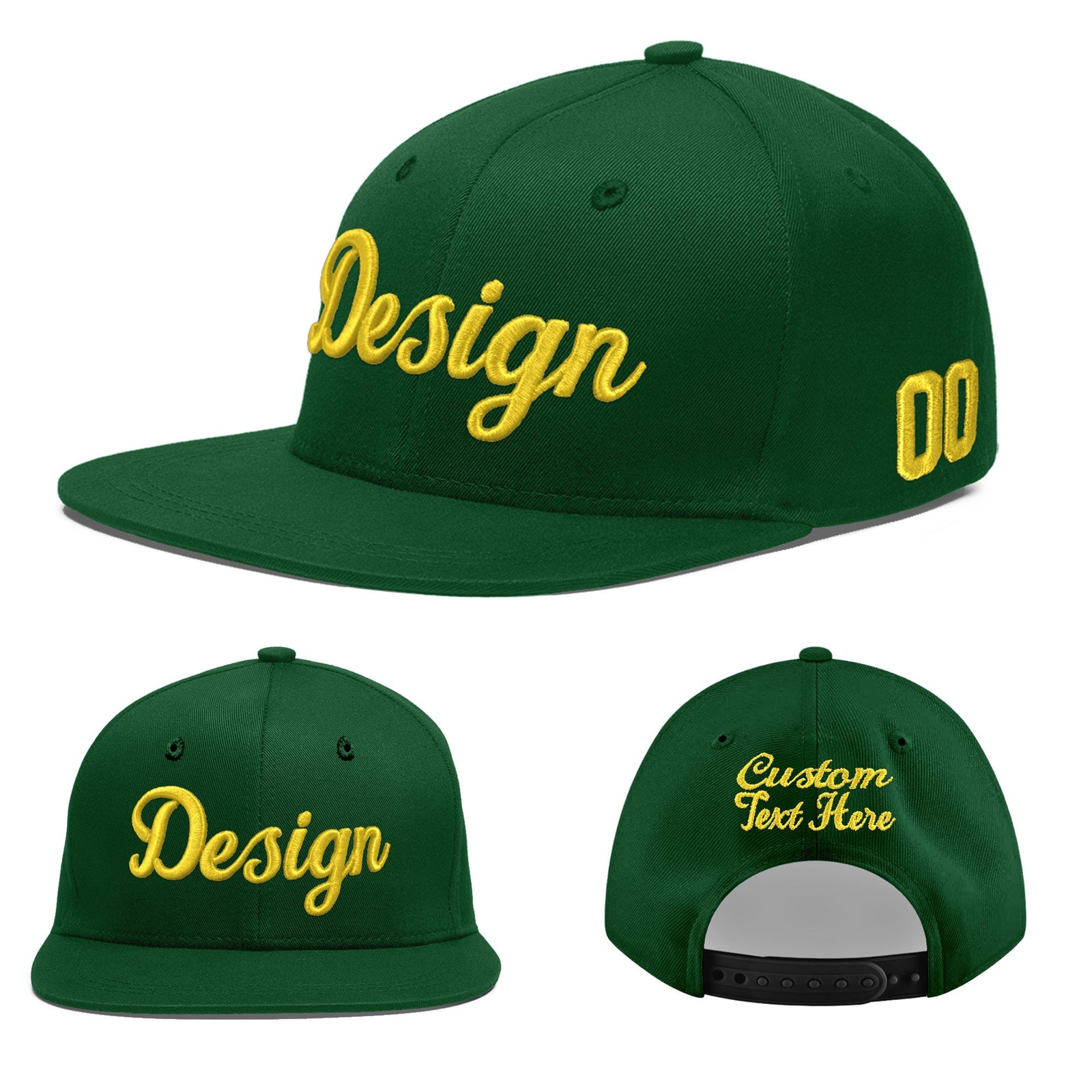 Custom Green 3D Puff Embroidery Flat Embroidery Casual Sport Baseball Cap