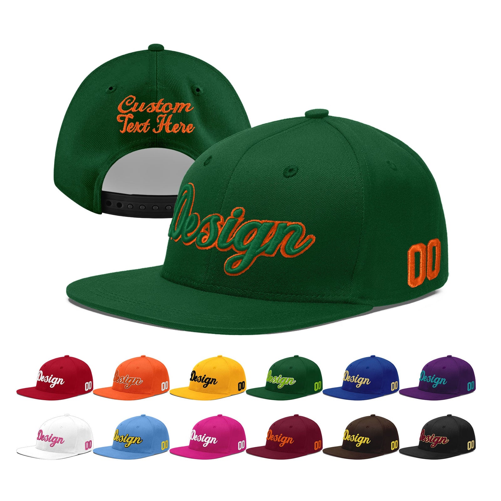 Custom Green 3D Puff Embroidery Flat Embroidery Casual Sport Baseball Cap