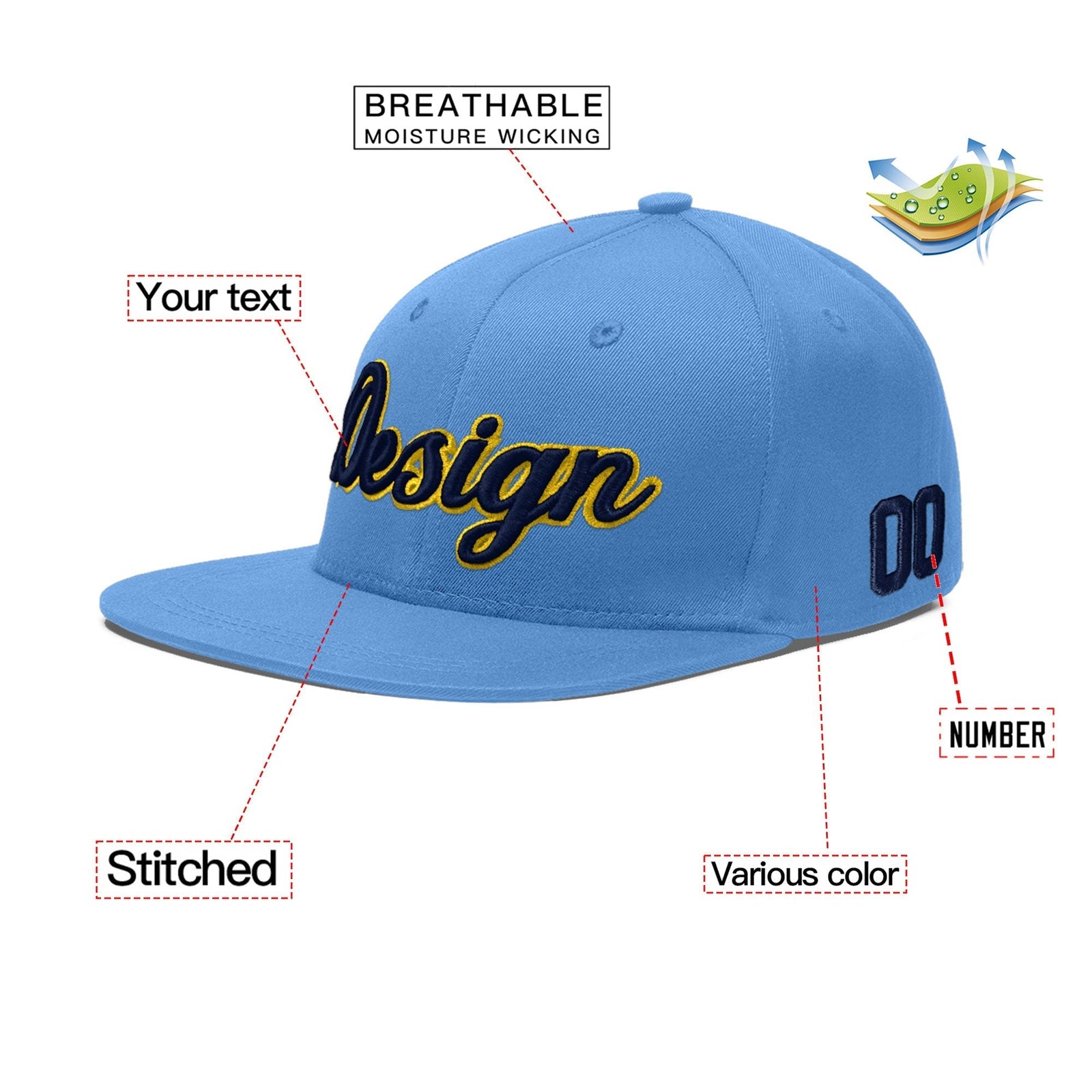 Custom Light Blue 3D Puff Embroidery Flat Embroidery Casual Sport Baseball Cap
