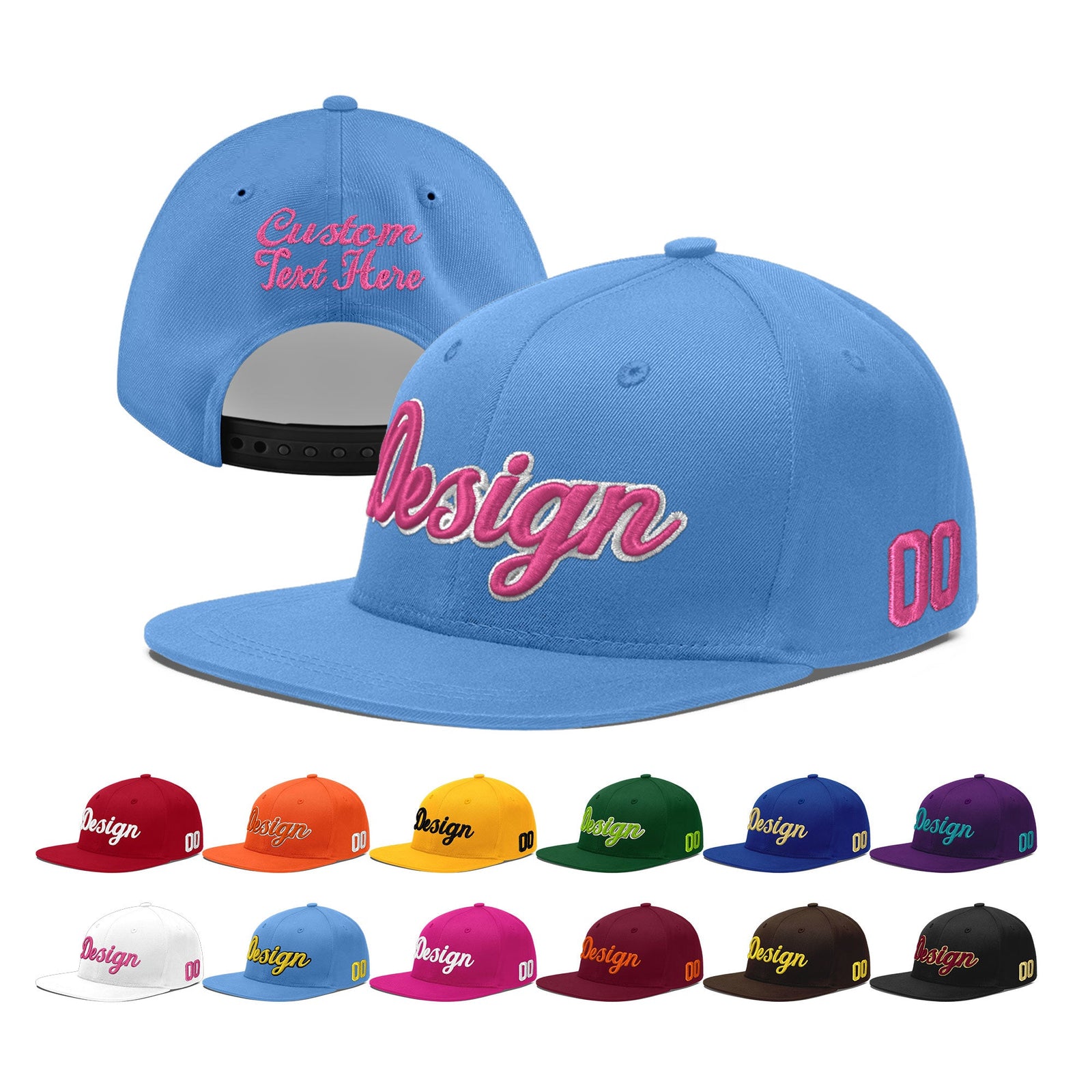 Custom Powder Blue 3D Puff Embroidery Flat Embroidery Casual Sport Baseball Cap
