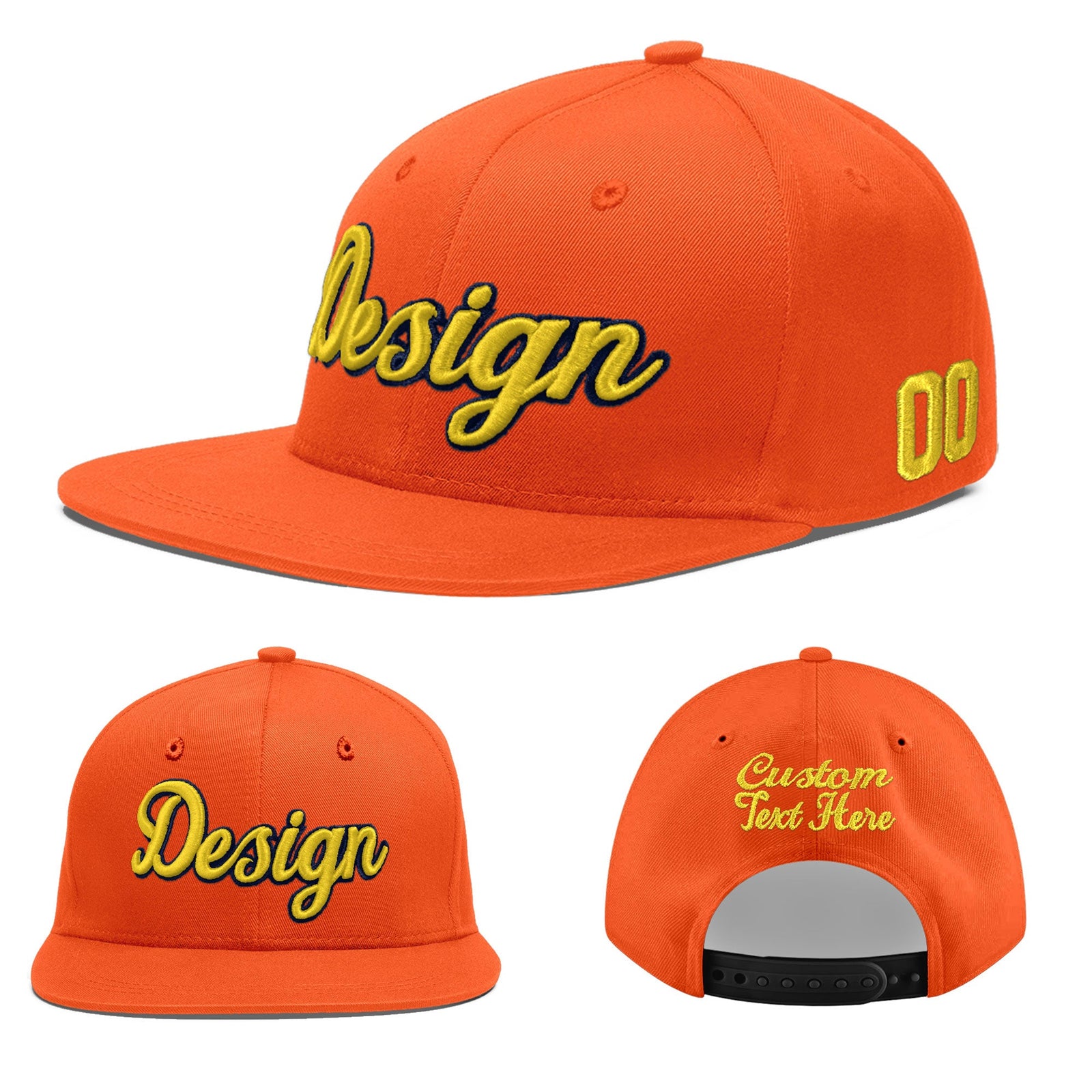 Custom Orange 3D Puff Embroidery Flat Embroidery Casual Sport Baseball Cap