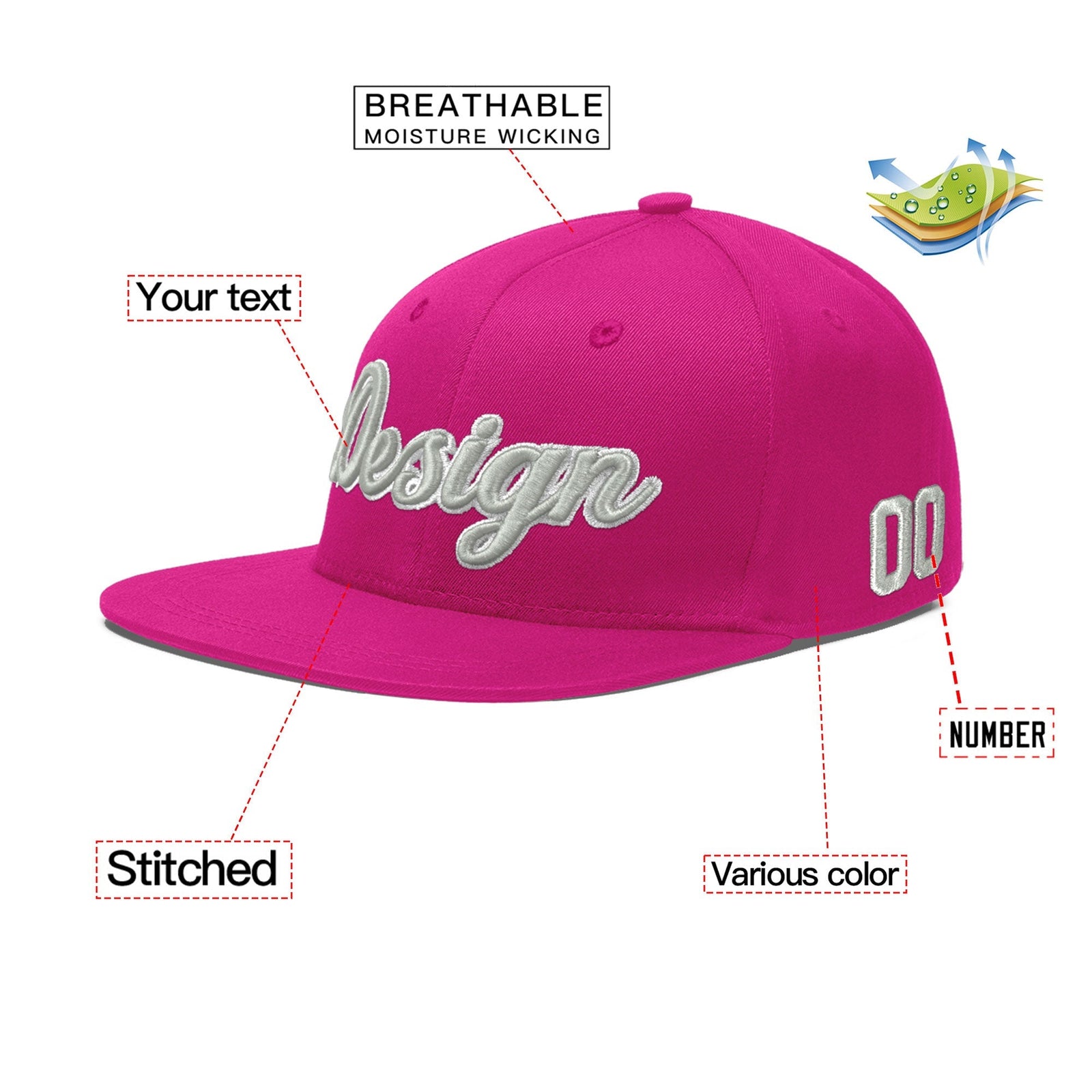 Custom Rose Red 3D Puff Embroidery Flat Embroidery Casual Sport Baseball Cap