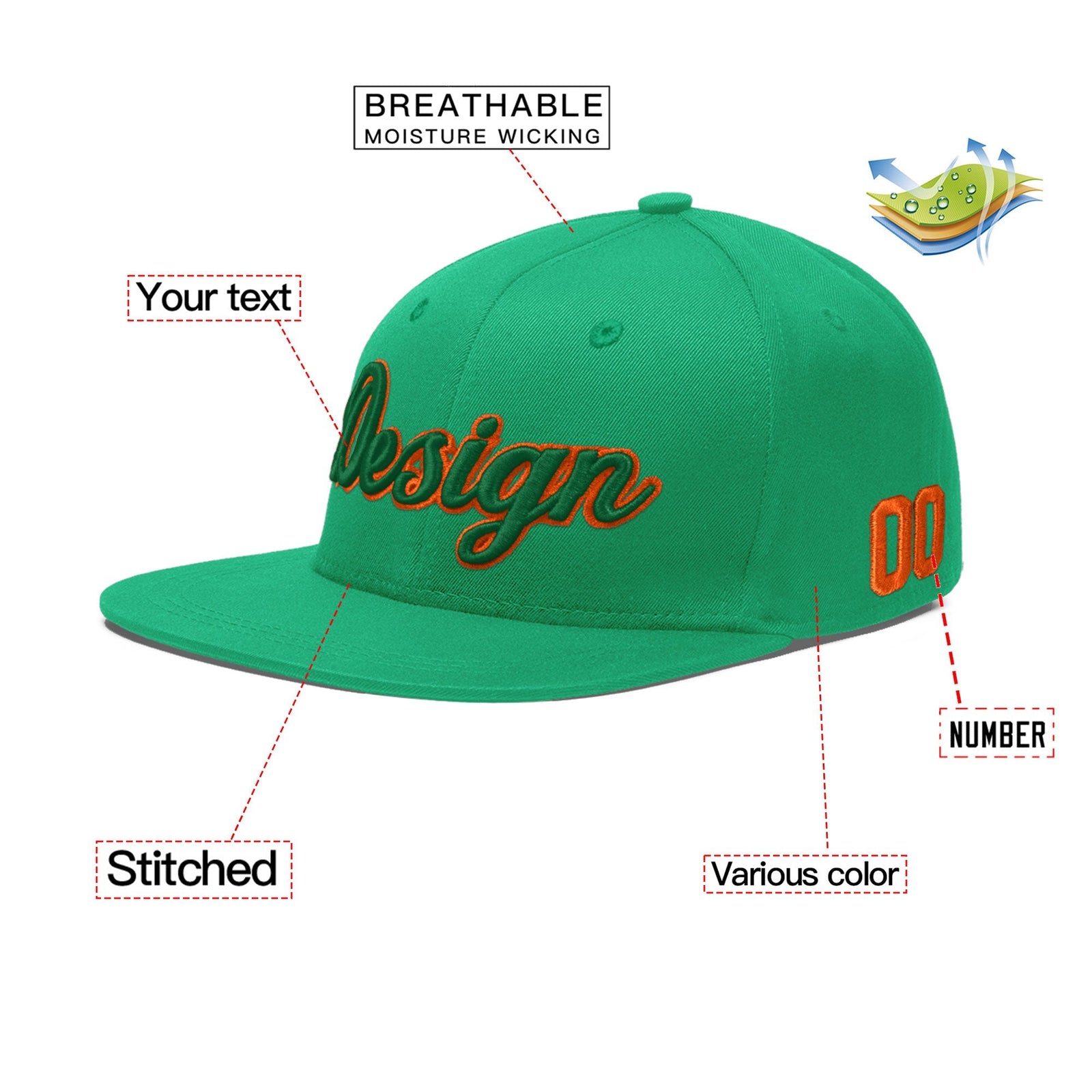 Custom Aqua 3D Puff Embroidery Flat Embroidery Casual Sport Baseball Cap