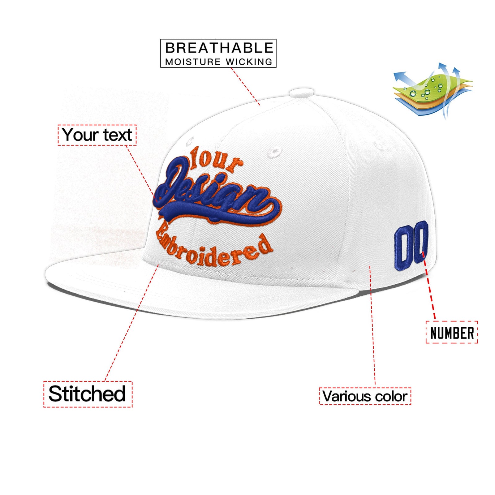 Custom White 3D Puff Embroidery Flat Embroidery Casual Sport Baseball Cap