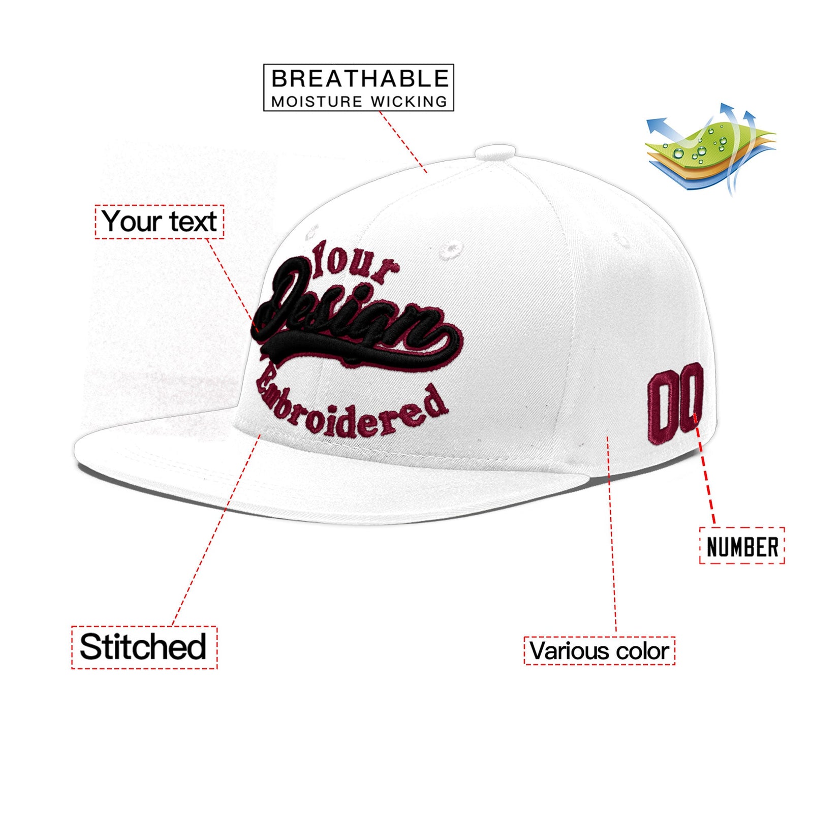 Custom White 3D Puff Embroidery Flat Embroidery Casual Sport Baseball Cap