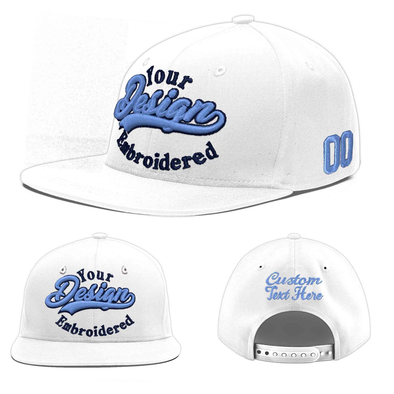 Custom White Light Blue-Navy 3D Puff Embroidery Flat Embroidery Casual Sport Baseball Cap