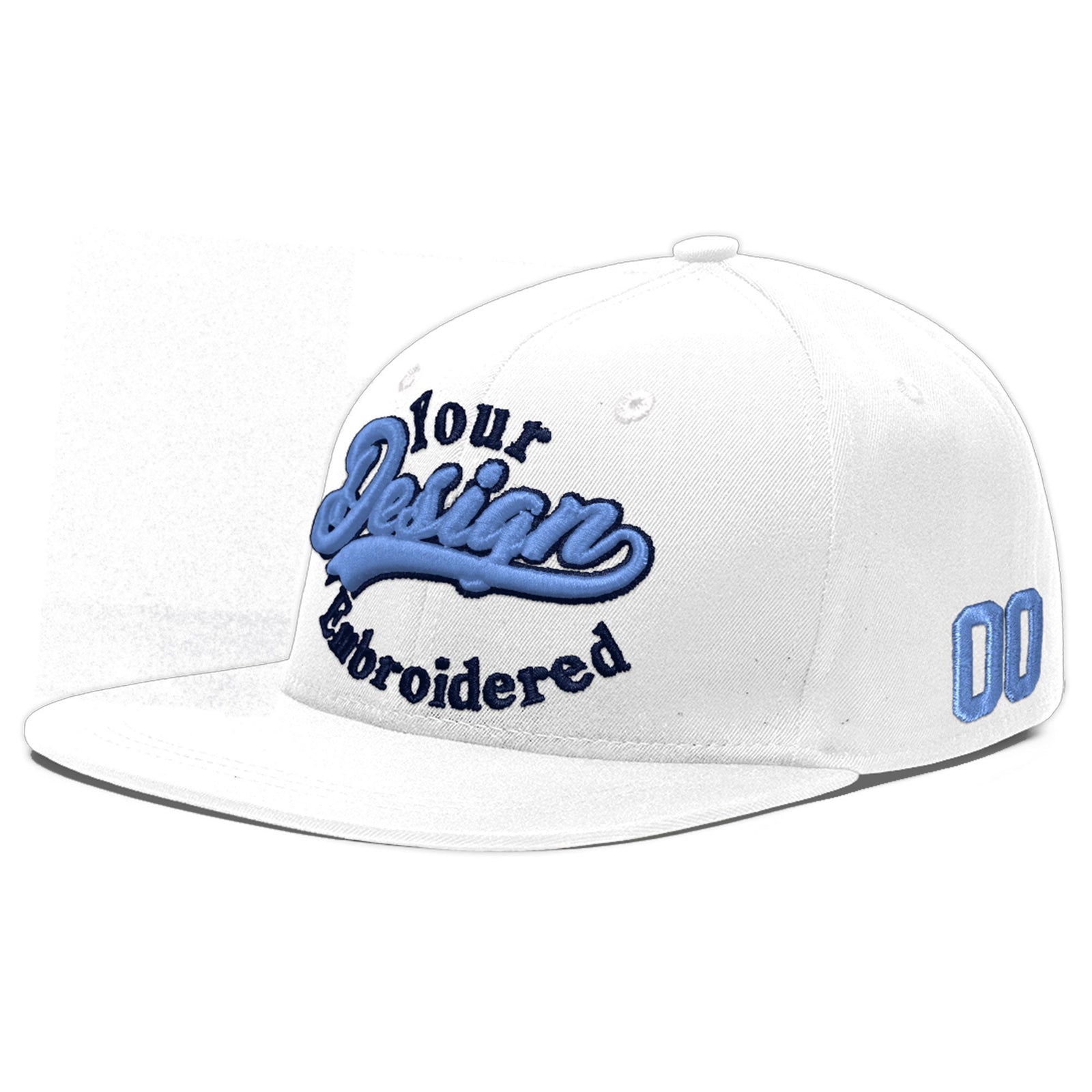 Custom White Light Blue-Navy 3D Puff Embroidery Flat Embroidery Casual Sport Baseball Cap