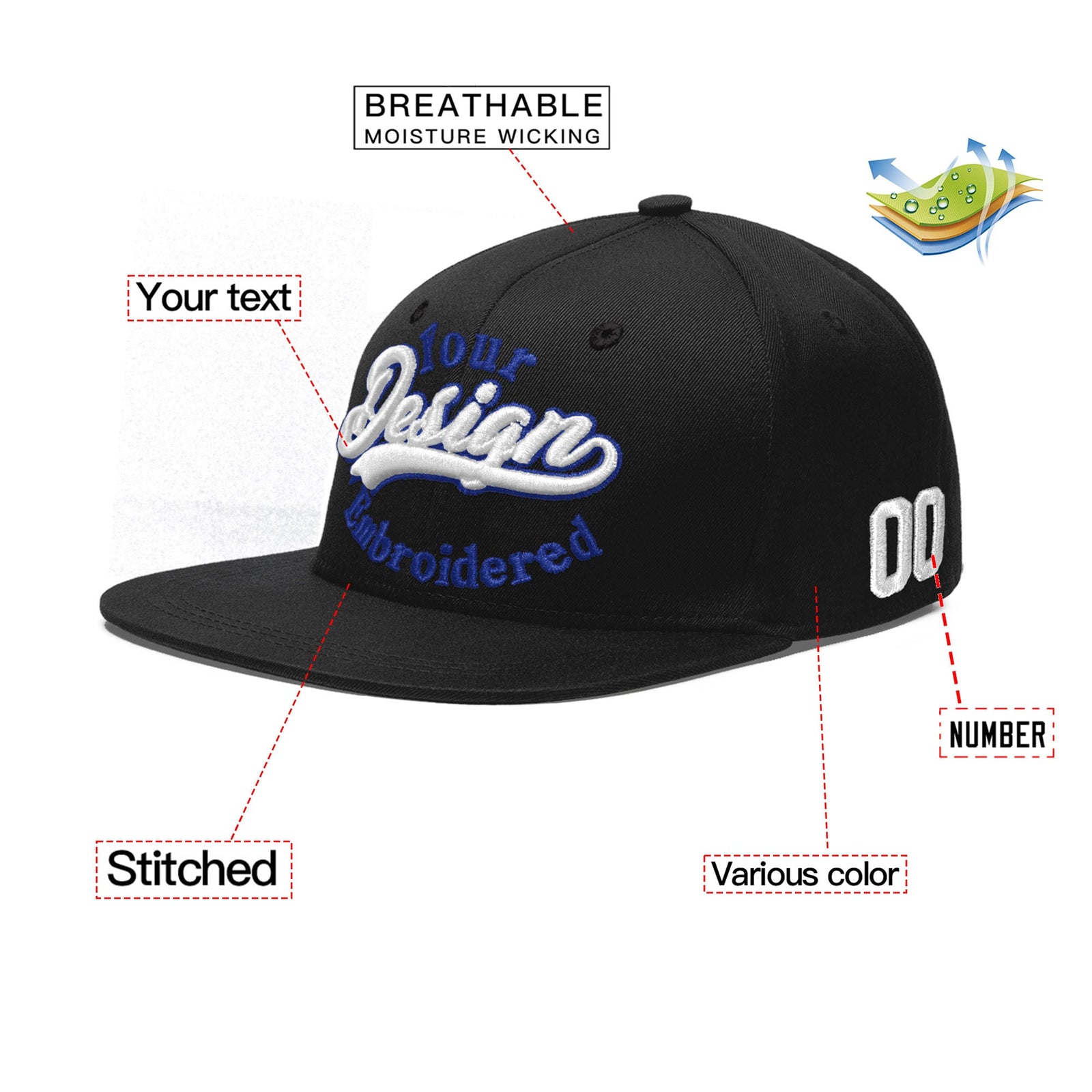Custom Black 3D Puff Embroidery Flat Embroidery Casual Sport Baseball Cap