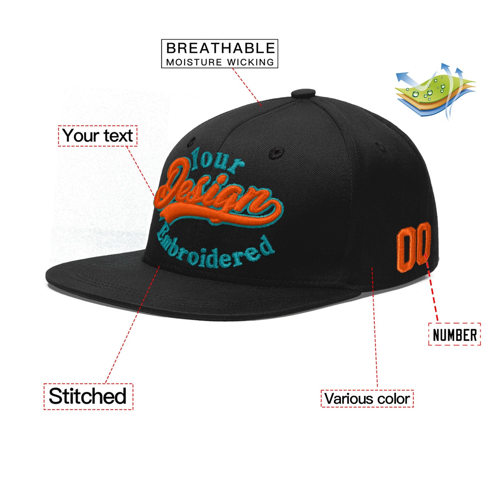 Custom Black 3D Puff Embroidery Flat Embroidery Casual Sport Baseball Cap
