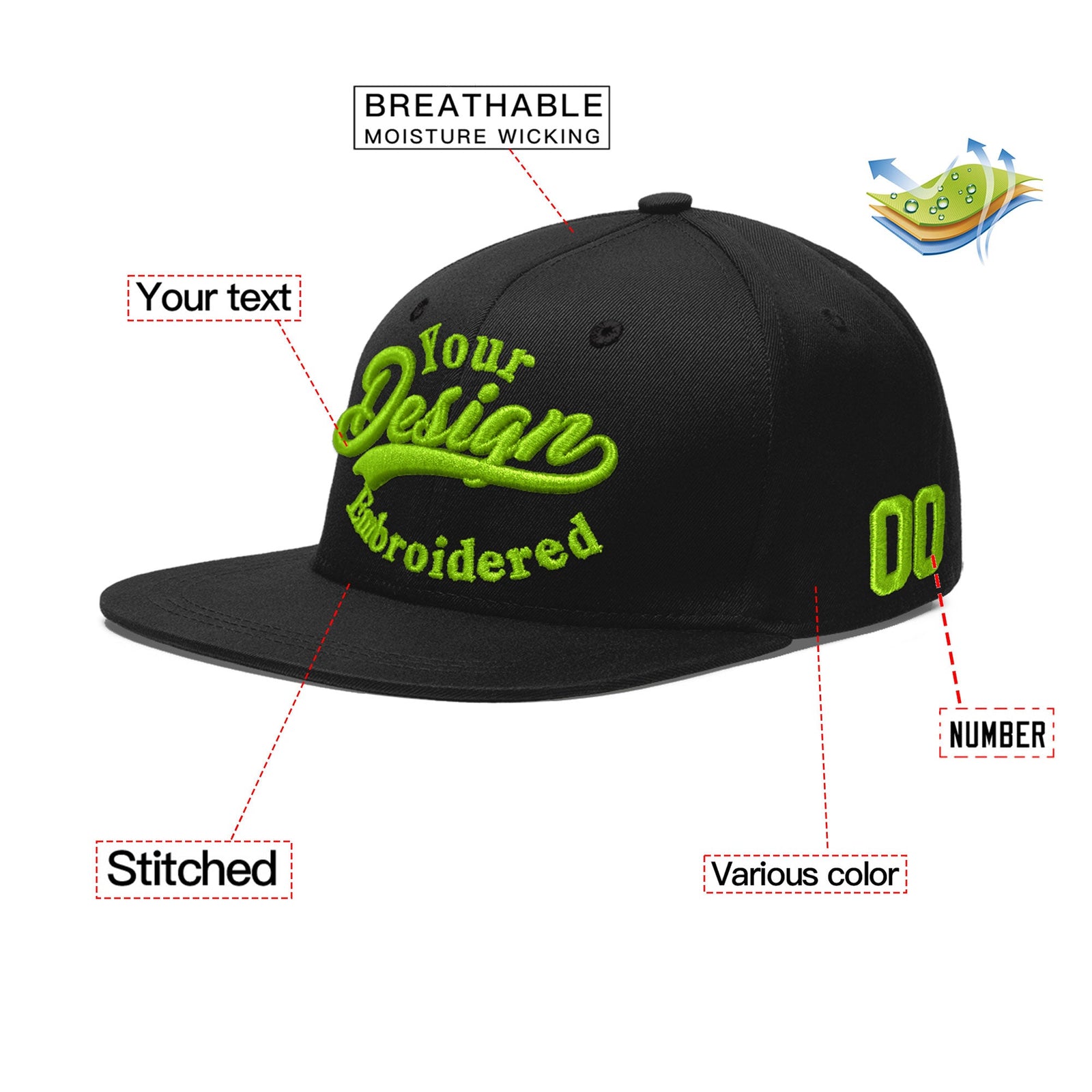 Custom Black 3D Puff Embroidery Flat Embroidery Casual Sport Baseball Cap