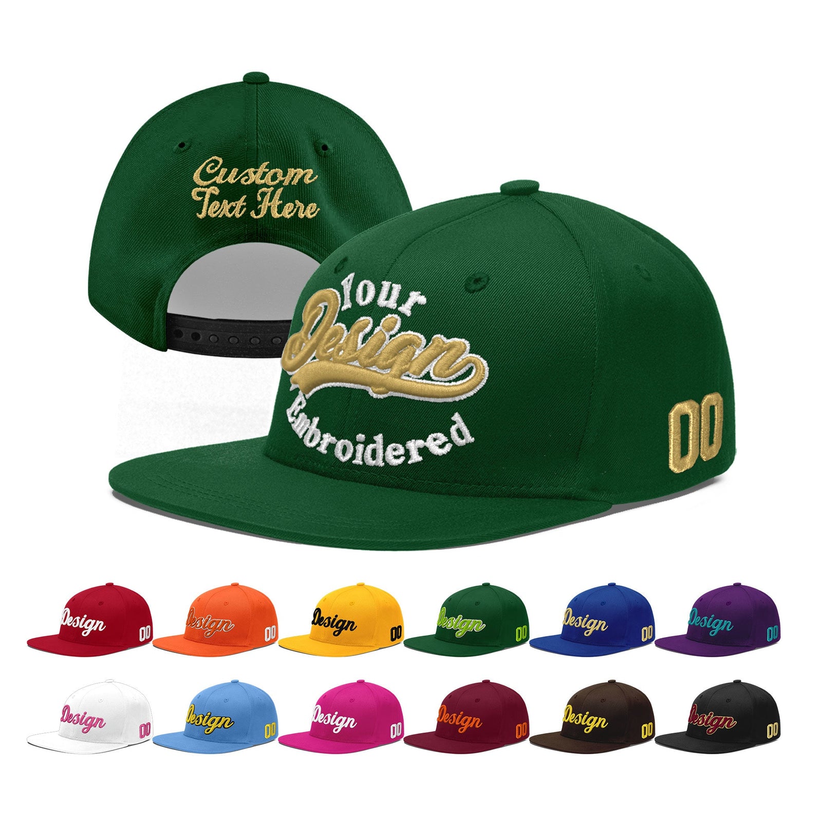 Custom Green 3D Puff Embroidery Flat Embroidery Casual Sport Baseball Cap