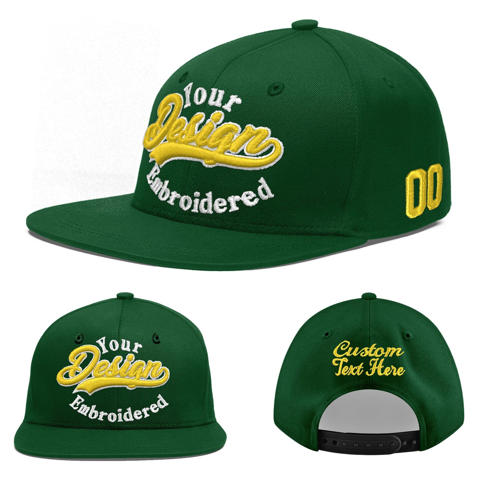 Custom Green 3D Puff Embroidery Flat Embroidery Casual Sport Baseball Cap