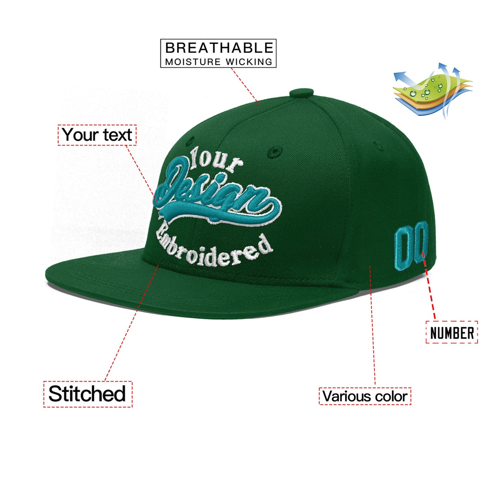 Custom Green 3D Puff Embroidery Flat Embroidery Casual Sport Baseball Cap