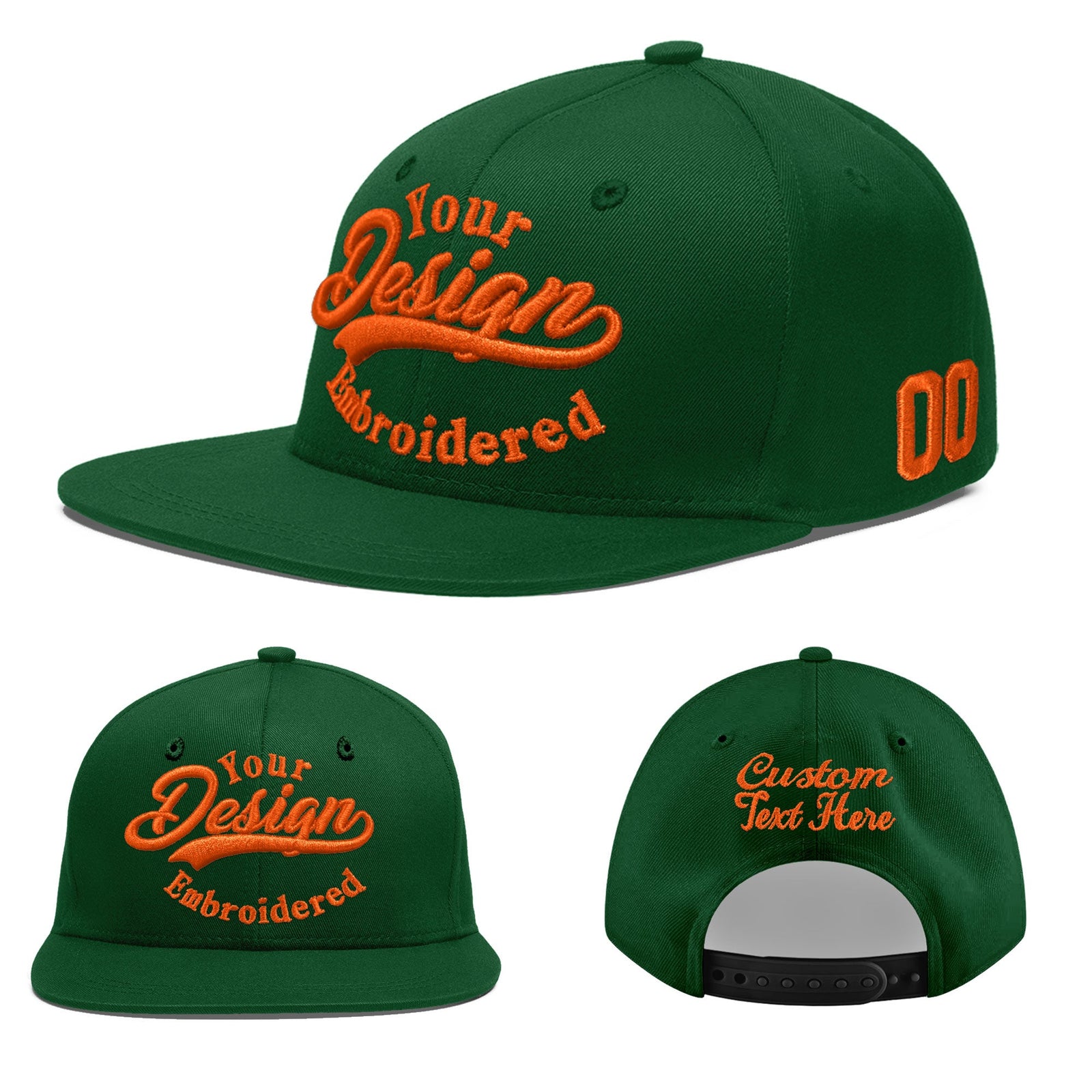 Custom Green 3D Puff Embroidery Flat Embroidery Casual Sport Baseball Cap