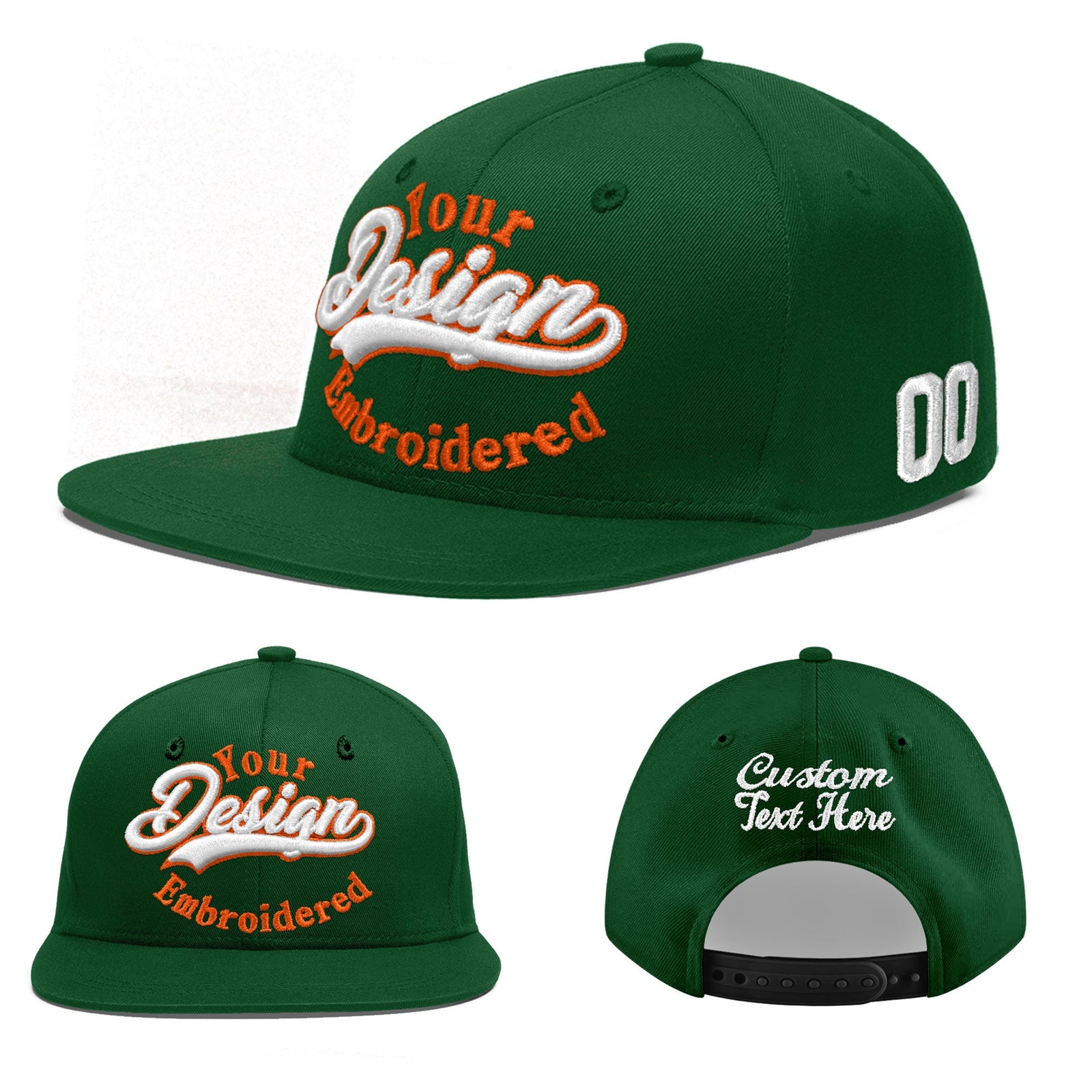 Custom Green 3D Puff Embroidery Flat Embroidery Casual Sport Baseball Cap