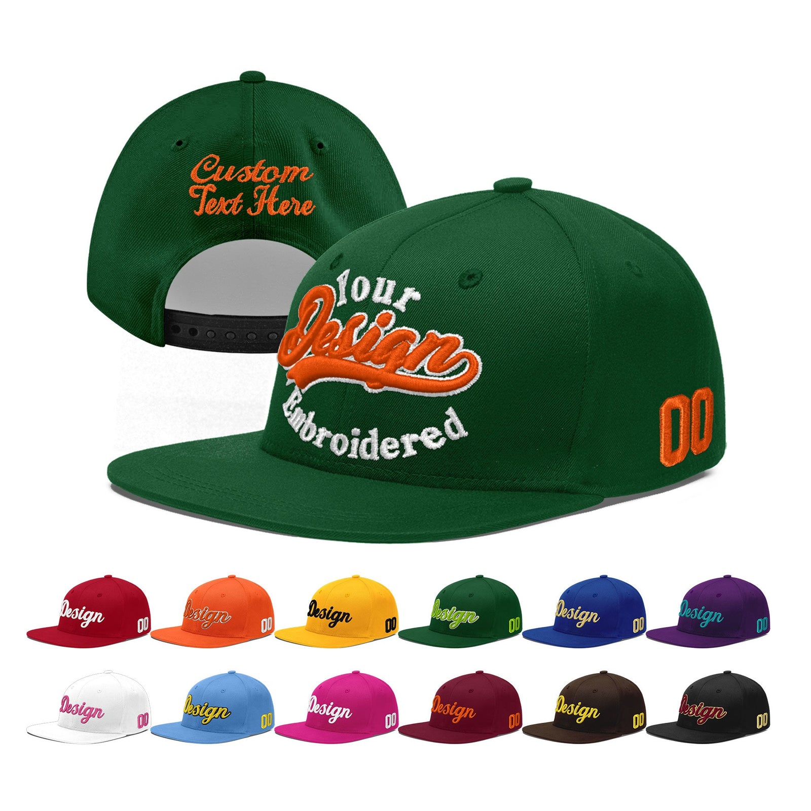 Custom Green 3D Puff Embroidery Flat Embroidery Casual Sport Baseball Cap