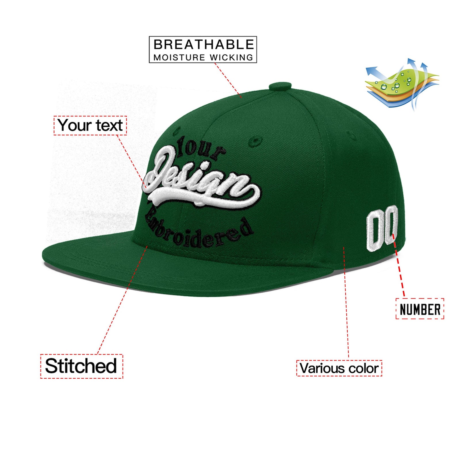 Custom Green 3D Puff Embroidery Flat Embroidery Casual Sport Baseball Cap
