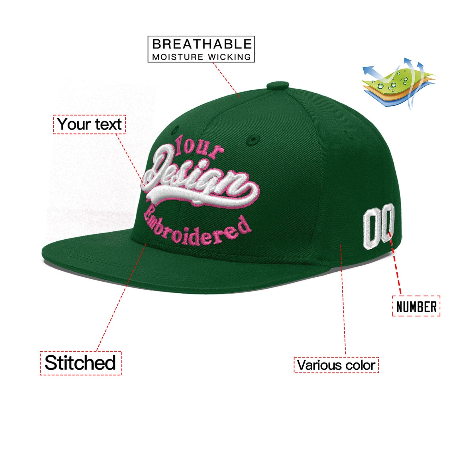 Custom Green 3D Puff Embroidery Flat Embroidery Casual Sport Baseball Cap