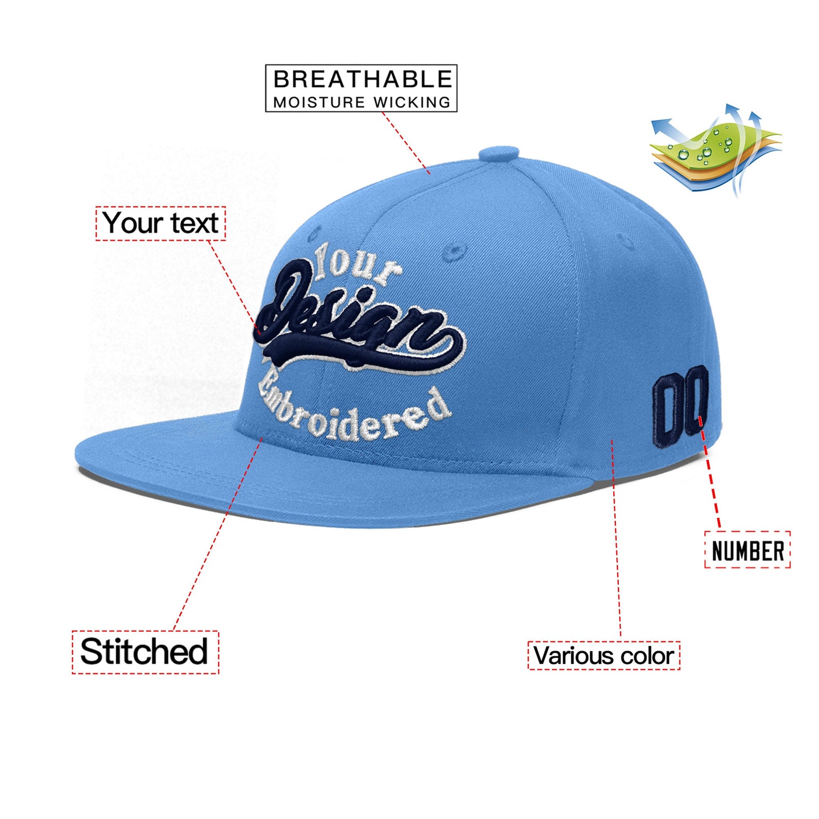Custom Powder Blue 3D Puff Embroidery Flat Embroidery Casual Sport Baseball Cap
