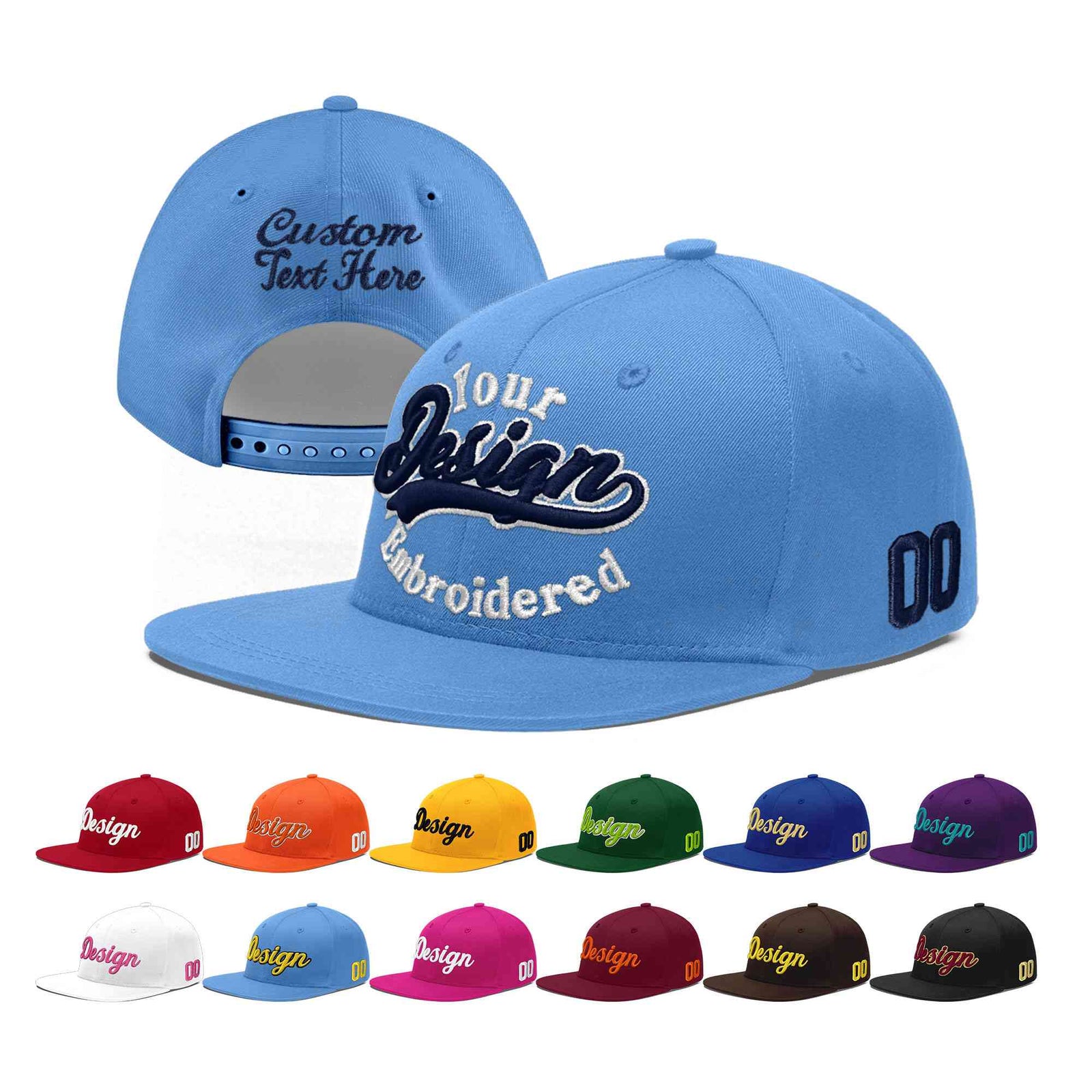 Custom Light Blue 3D Puff Embroidery Flat Embroidery Casual Sport Baseball Cap