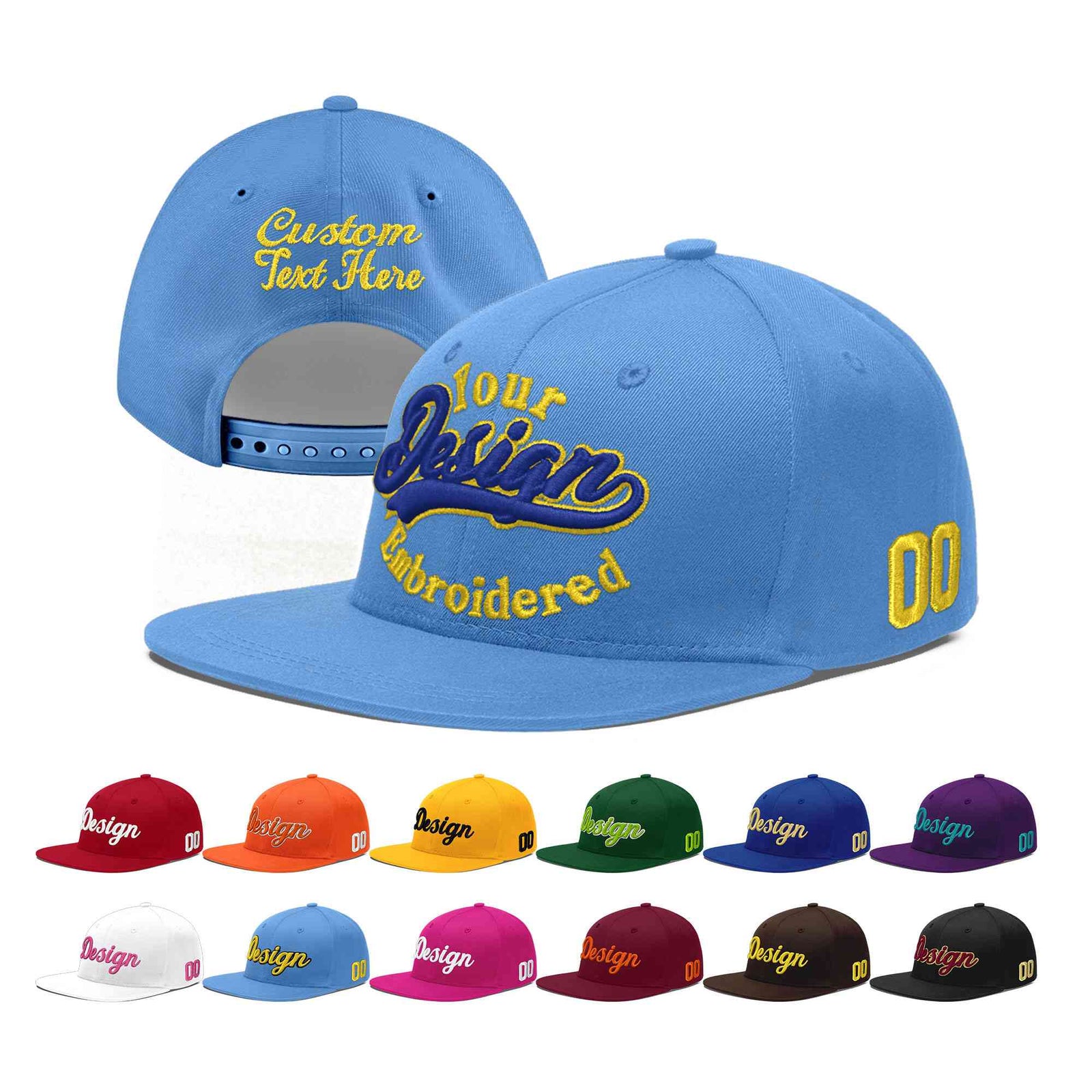 Custom Powder Blue 3D Puff Embroidery Flat Embroidery Casual Sport Baseball Cap