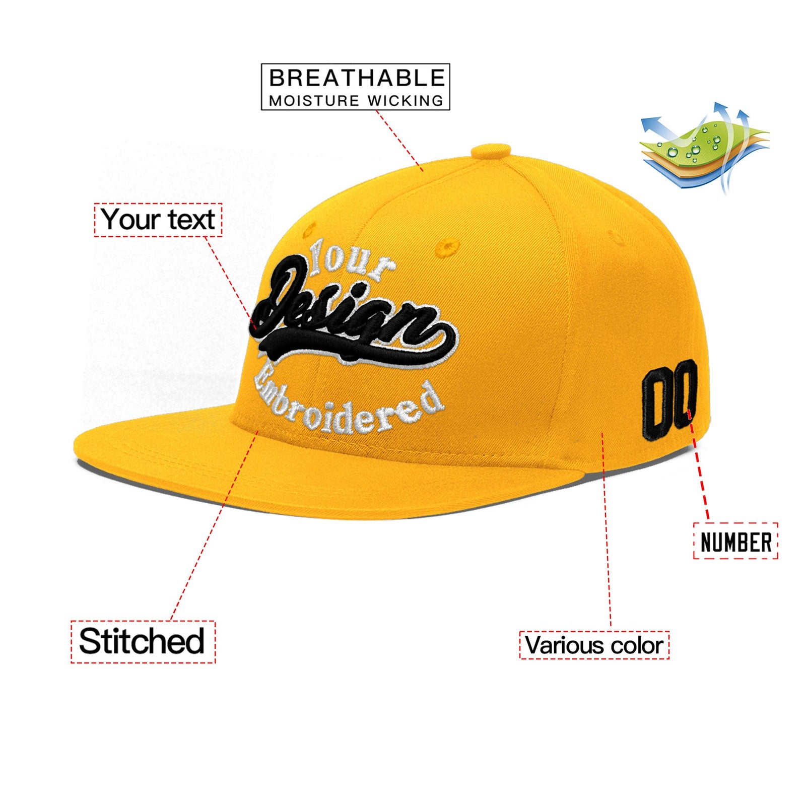 Custom Yellow 3D Puff Embroidery Flat Embroidery Casual Sport Baseball Cap