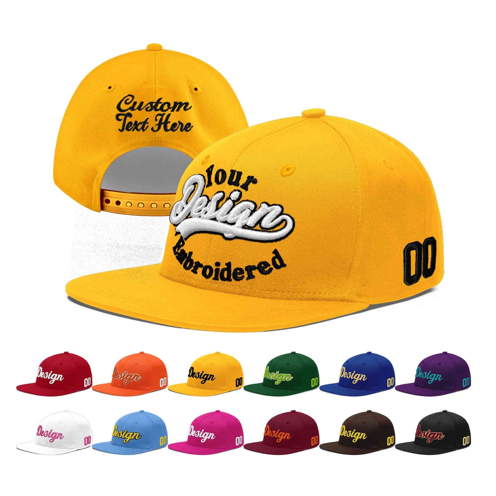 Custom Yellow 3D Puff Embroidery Flat Embroidery Casual Sport Baseball Cap