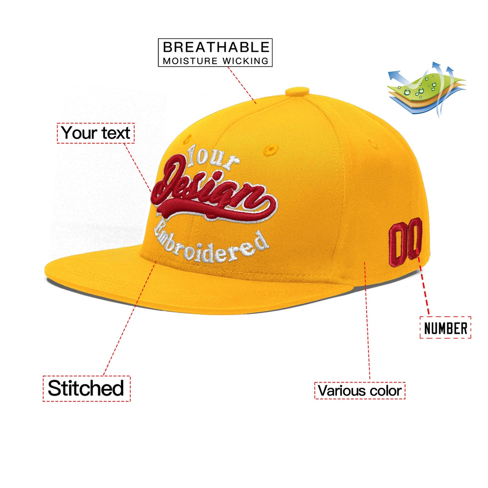 Custom Yellow 3D Puff Embroidery Flat Embroidery Casual Sport Baseball Cap