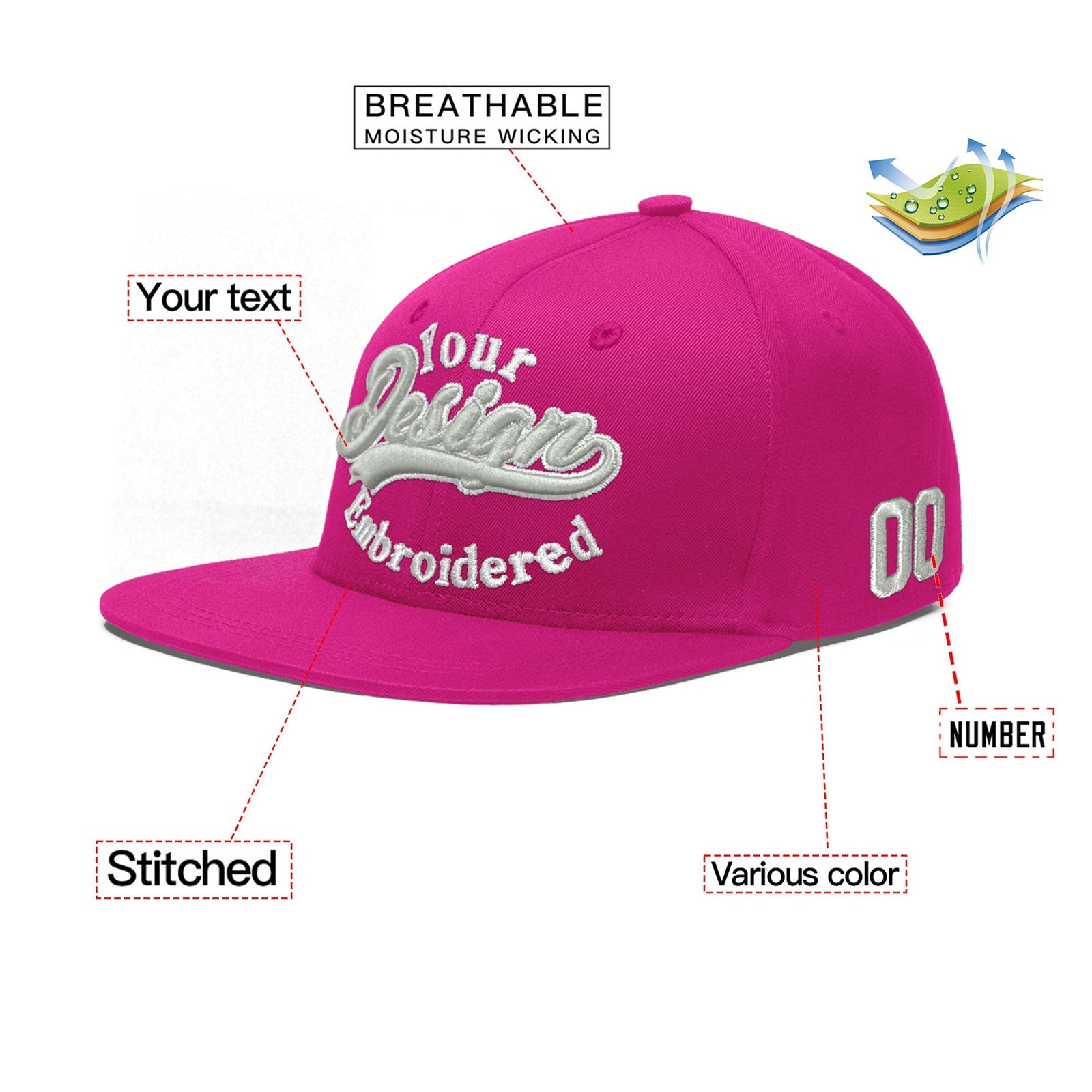 Custom Rose Red 3D Puff Embroidery Flat Embroidery Casual Sport Baseball Cap
