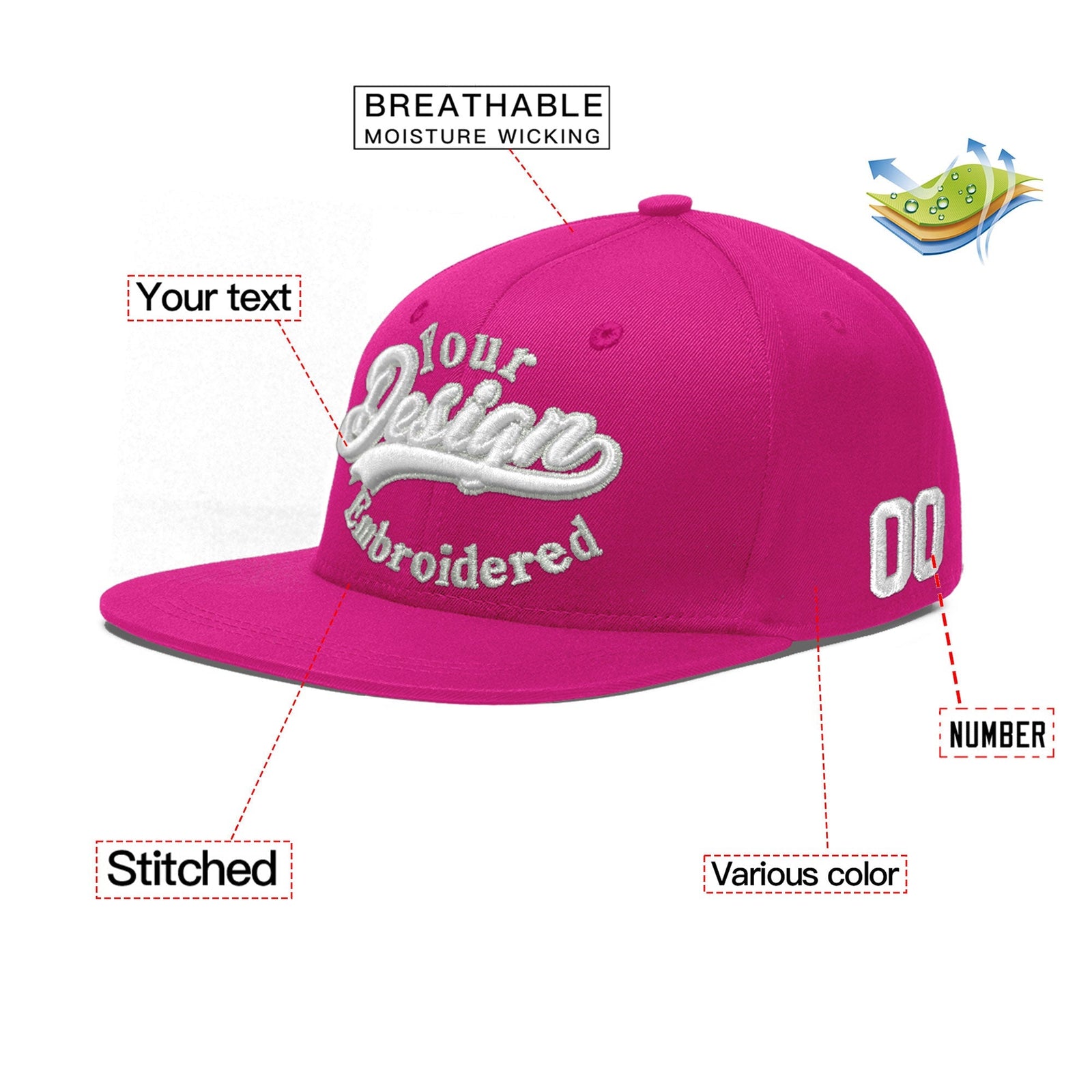 Custom Rose Red 3D Puff Embroidery Flat Embroidery Casual Sport Baseball Cap