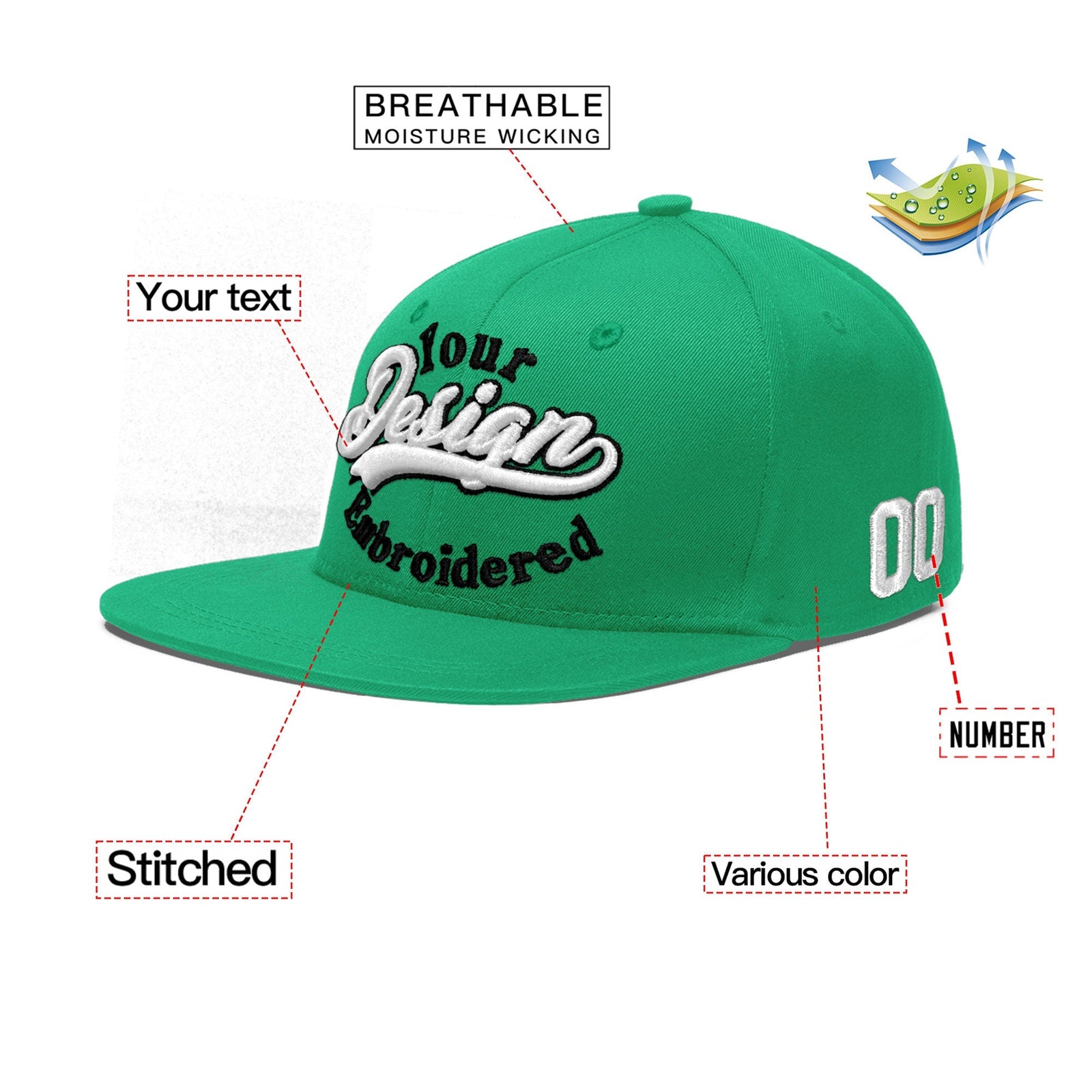 Custom Aqua 3D Puff Embroidery Flat Embroidery Casual Sport Baseball Cap