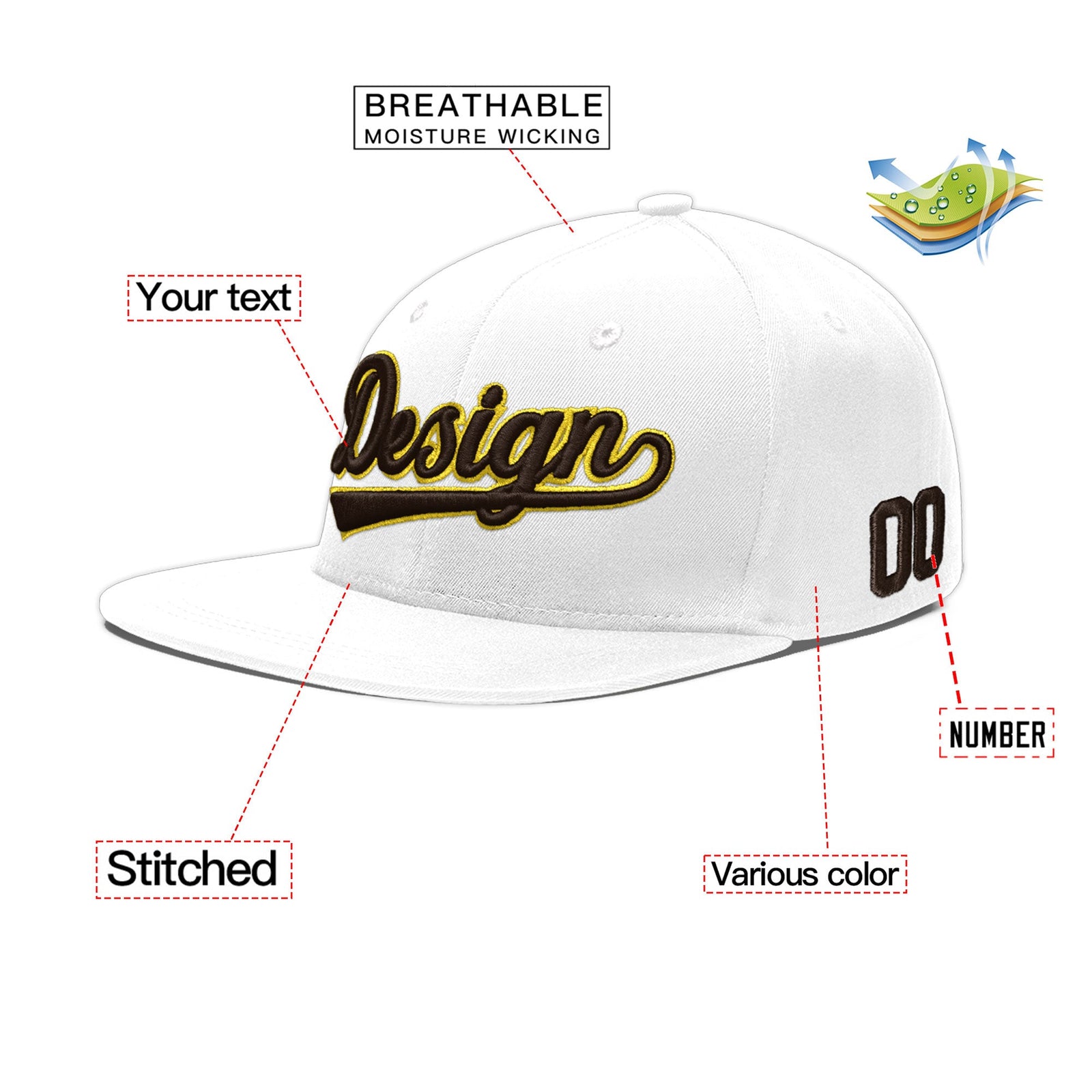 Custom White 3D Puff Embroidery Flat Embroidery Casual Sport Baseball Cap
