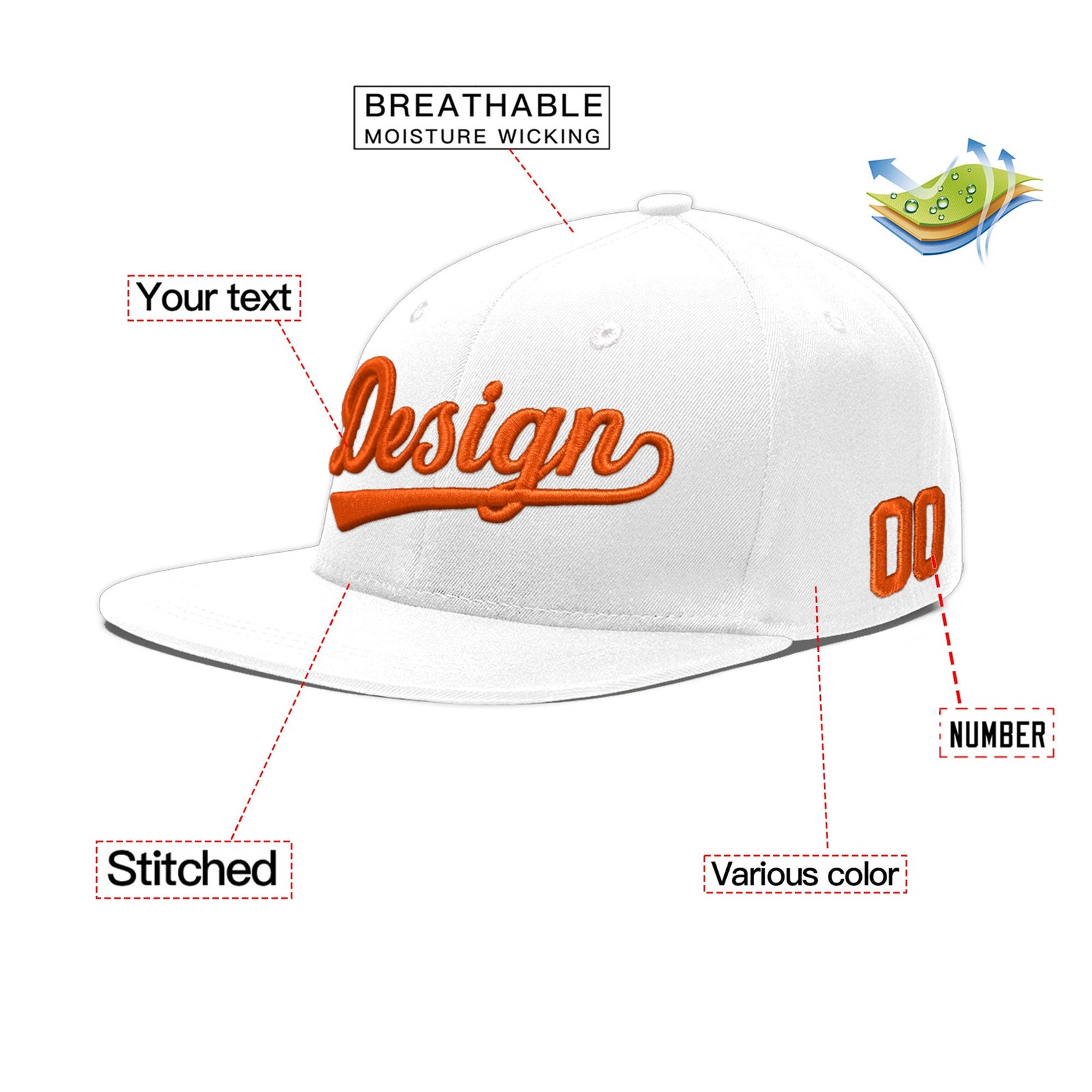 Custom White 3D Puff Embroidery Flat Embroidery Casual Sport Baseball Cap