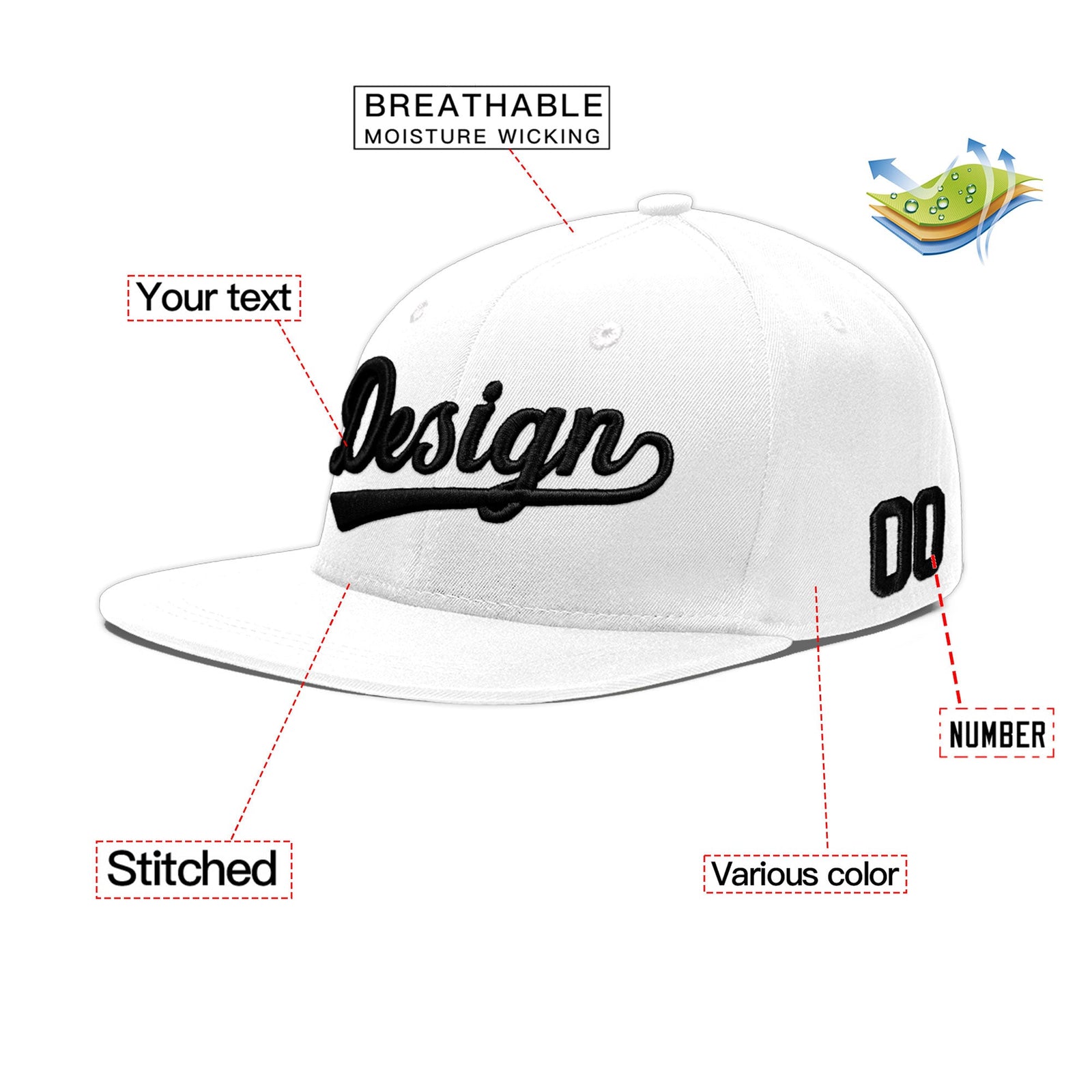 Custom White 3D Puff Embroidery Flat Embroidery Casual Sport Baseball Cap