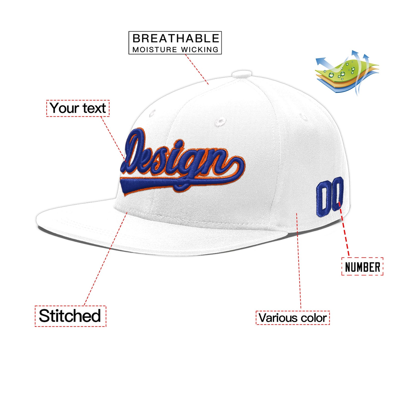 Custom White 3D Puff Embroidery Flat Embroidery Casual Sport Baseball Cap