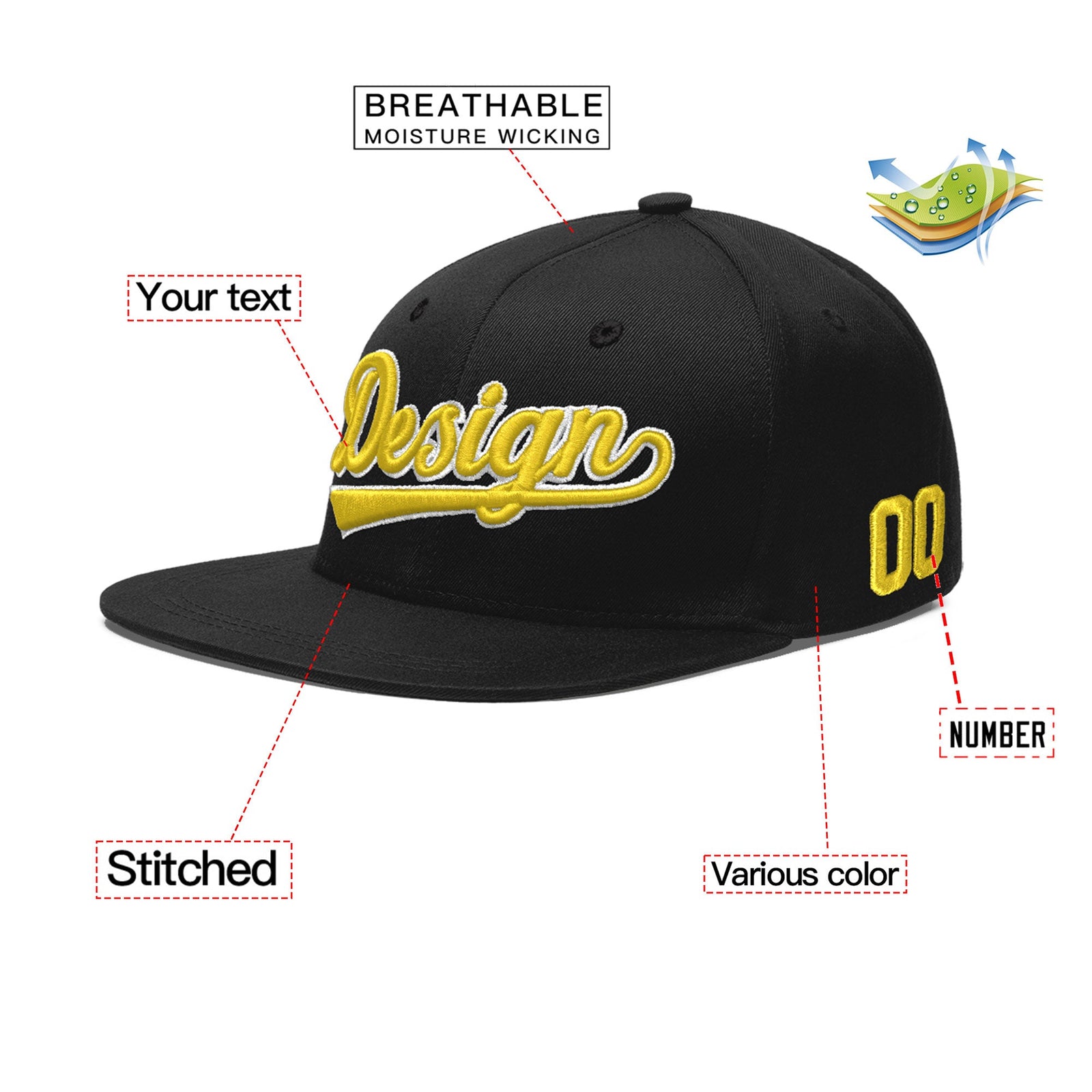 Custom Black 3D Puff Embroidery Flat Embroidery Casual Sport Baseball Cap