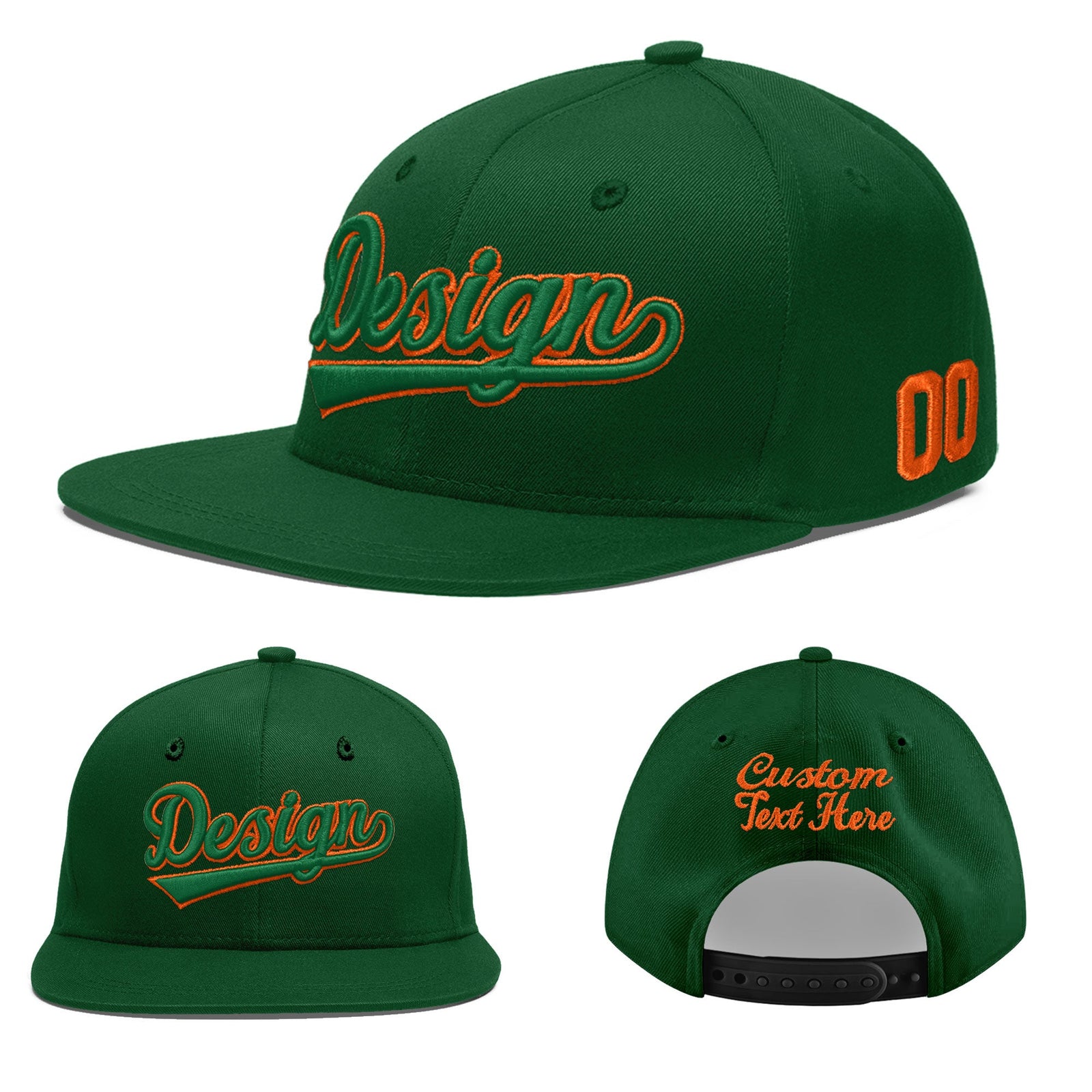 Custom Green 3D Puff Embroidery Flat Embroidery Casual Sport Baseball Cap