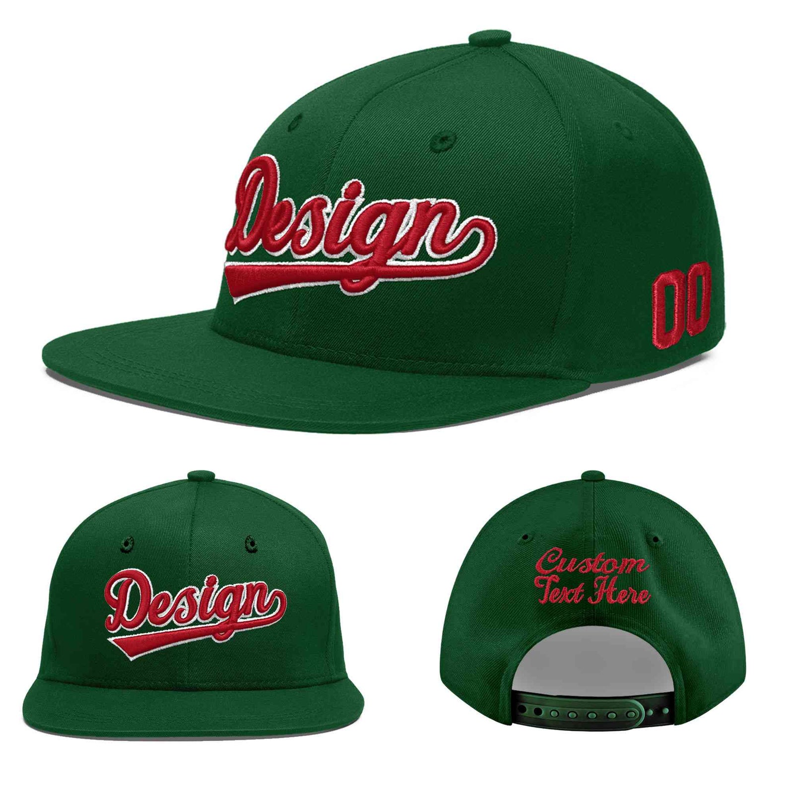 Custom Green 3D Puff Embroidery Flat Embroidery Casual Sport Baseball Cap